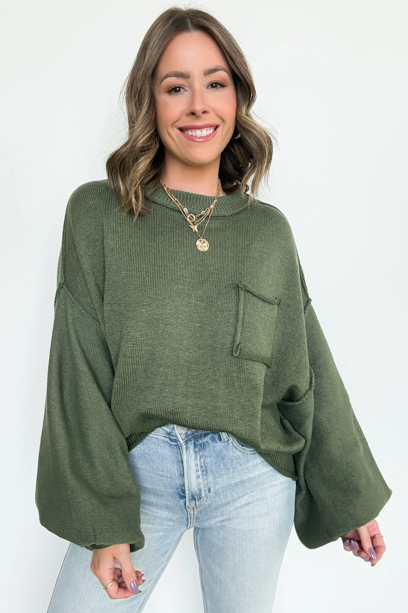 Saylor Balloon Sleeve Relaxed Knit Pocket Sweater - FINAL SALE