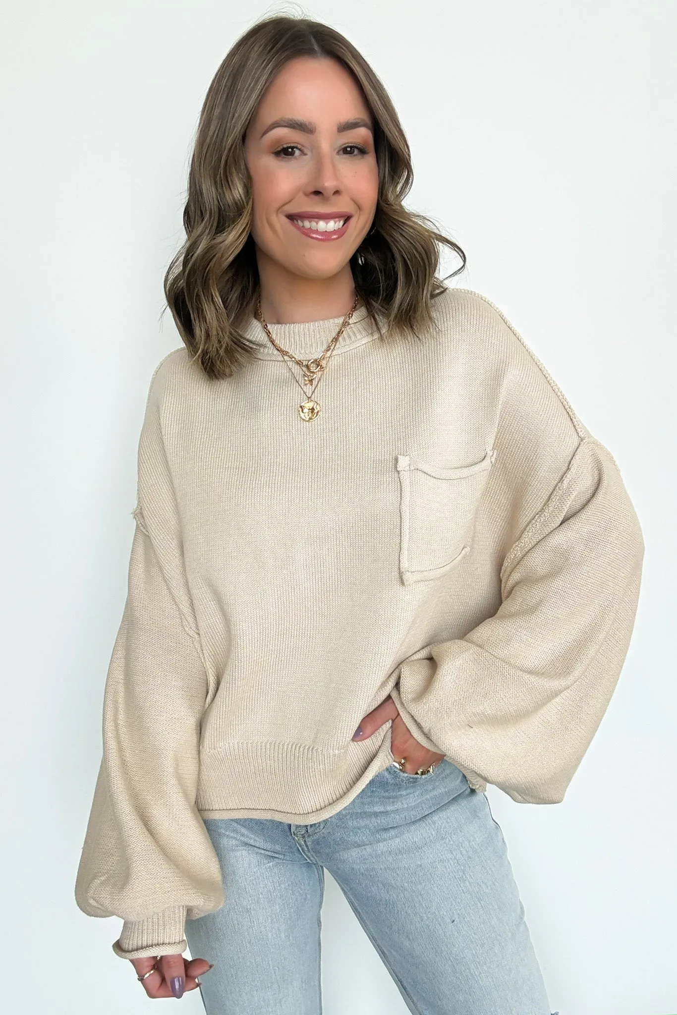 Saylor Balloon Sleeve Relaxed Knit Pocket Sweater - FINAL SALE