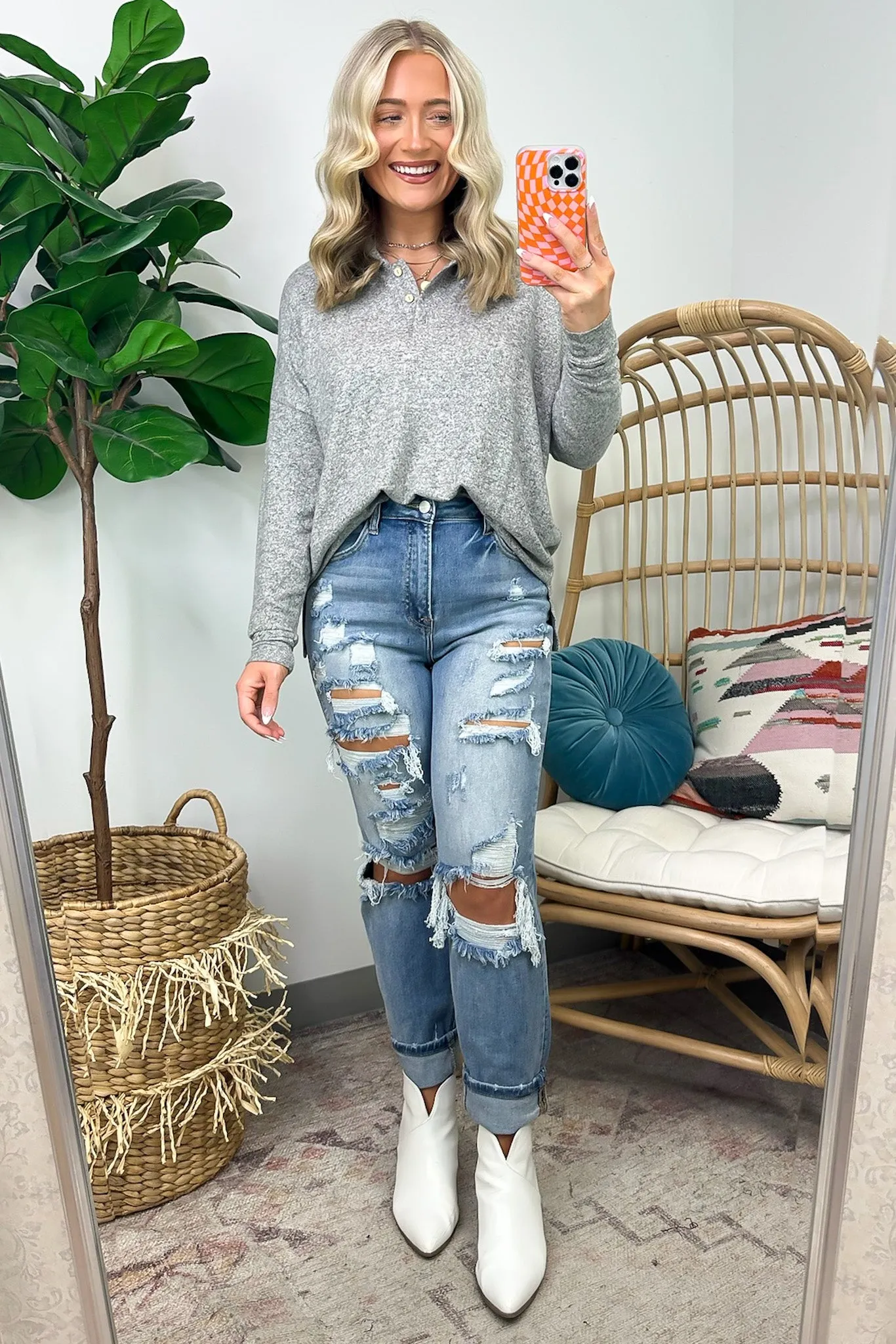 Seasonal Aesthetic Button Henley Collared Top - FINAL SALE