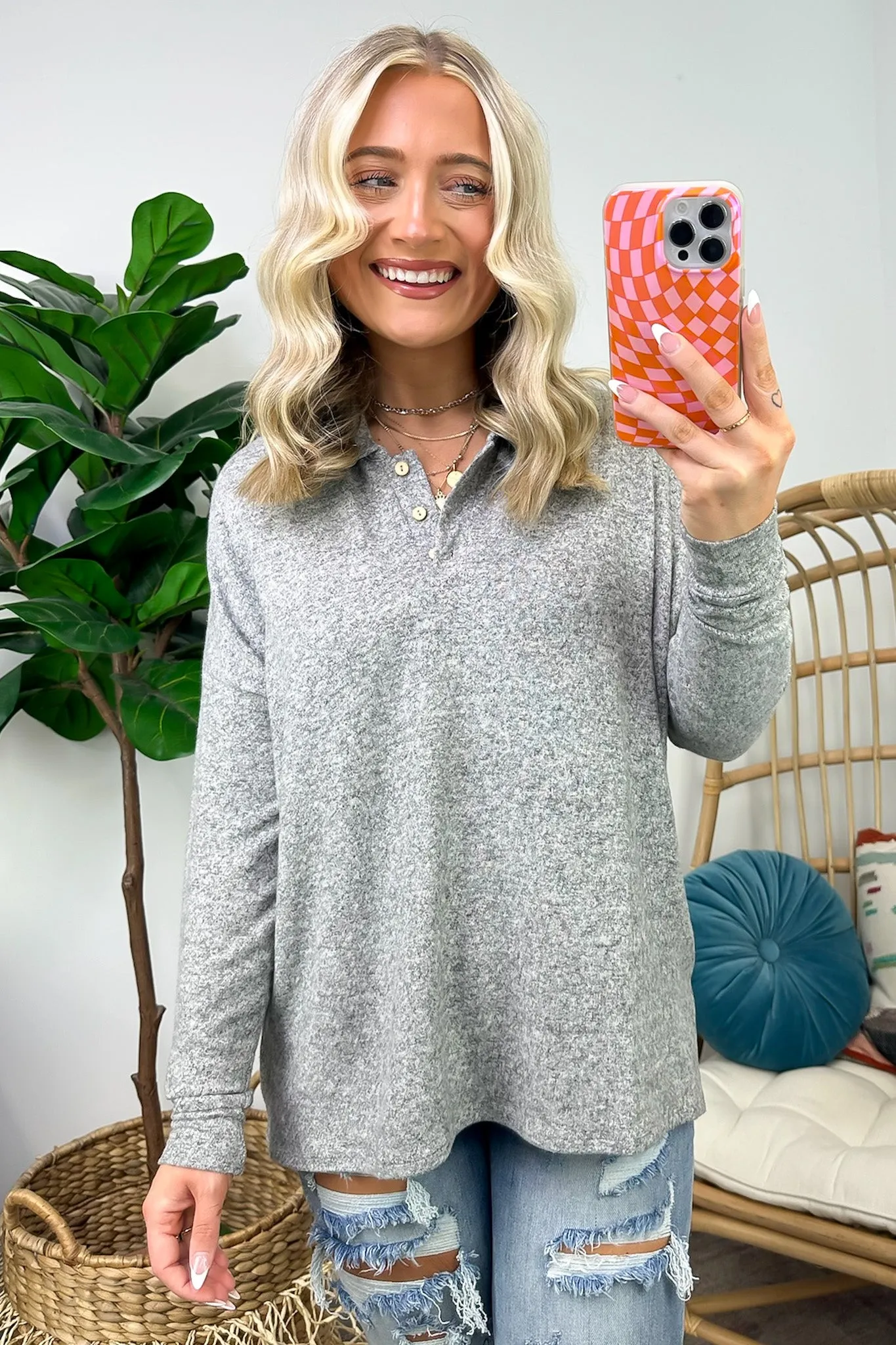 Seasonal Aesthetic Button Henley Collared Top - FINAL SALE
