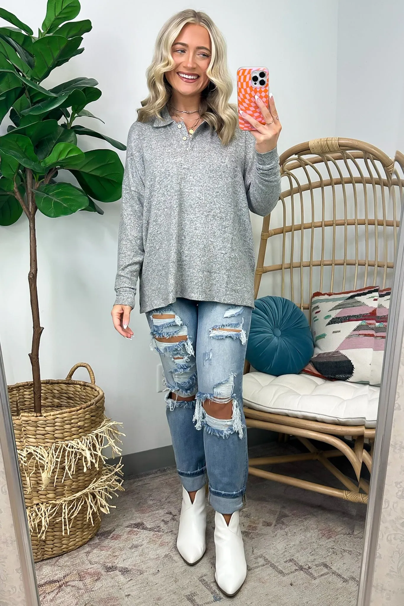 Seasonal Aesthetic Button Henley Collared Top - FINAL SALE