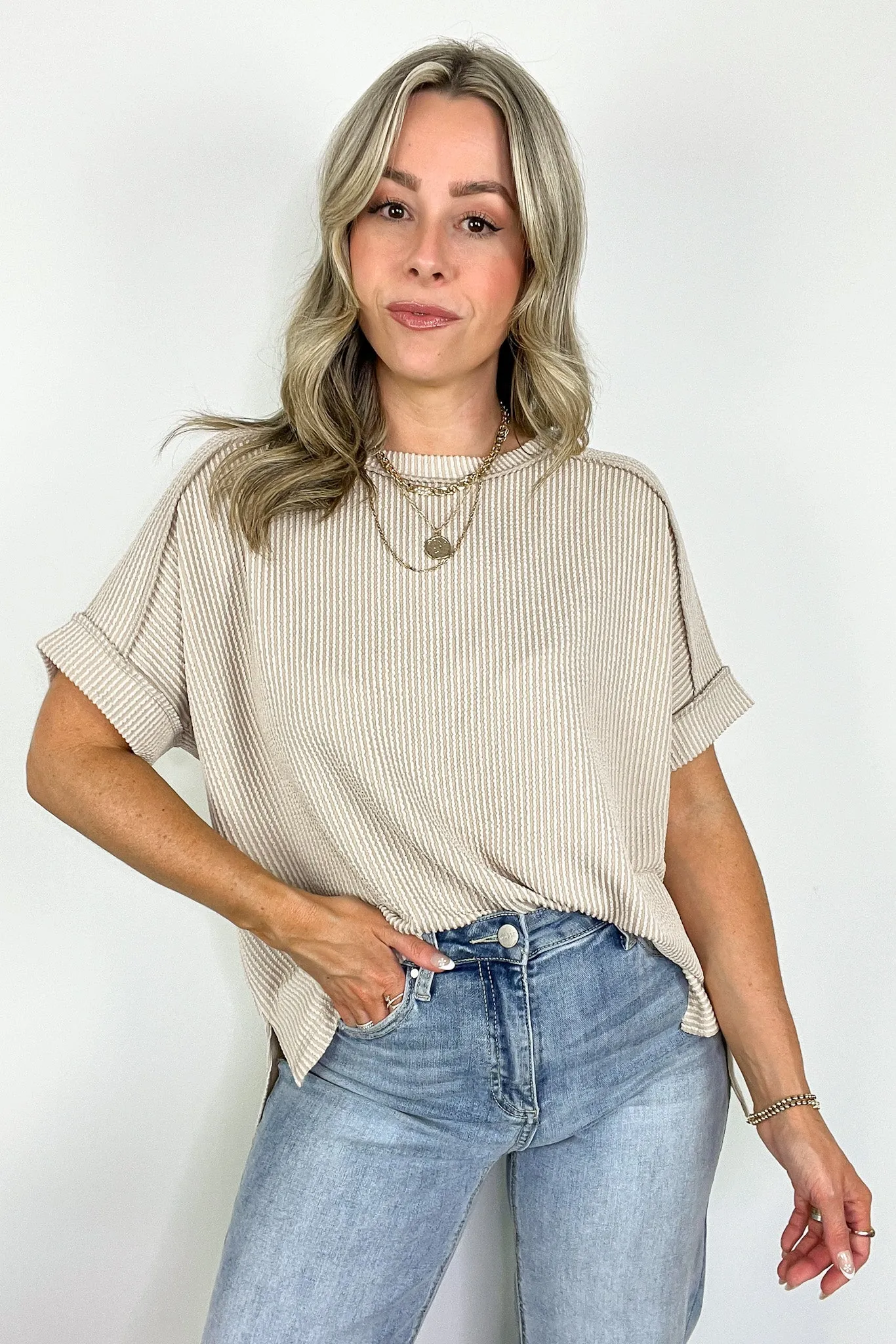 Simple Adoration Rib Knit Cuff Sleeve Raw Edge Top - BACK IN STOCK
