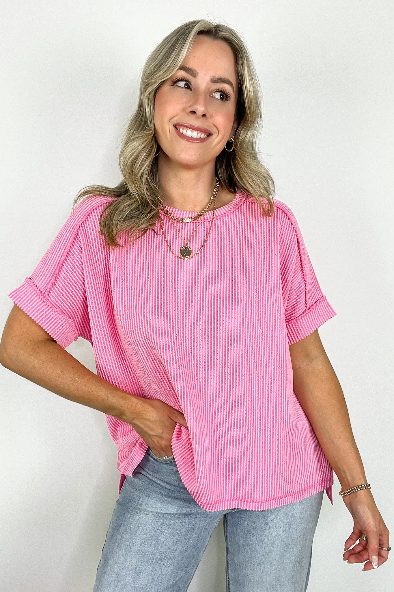 Simple Adoration Rib Knit Cuff Sleeve Raw Edge Top - BACK IN STOCK
