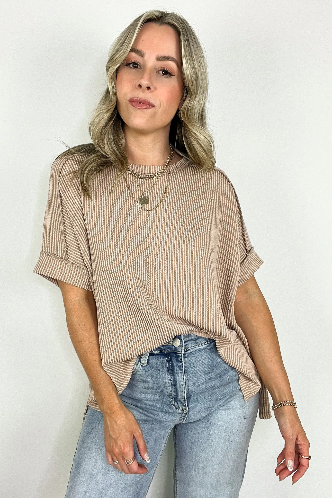 Simple Adoration Rib Knit Cuff Sleeve Raw Edge Top - BACK IN STOCK