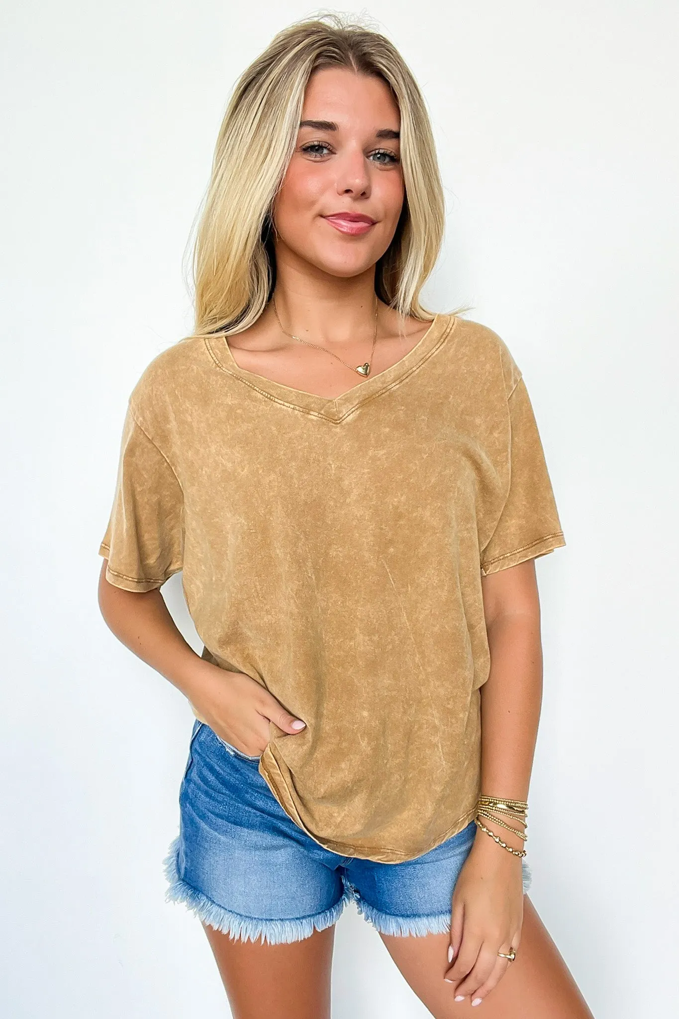 Soliel Acid Wash V-Neck Relaxed Fit Top - BACK IN STOCK