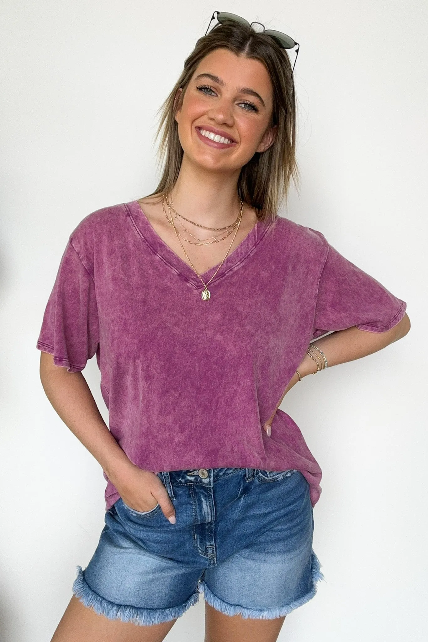 Soliel Acid Wash V-Neck Relaxed Fit Top - BACK IN STOCK