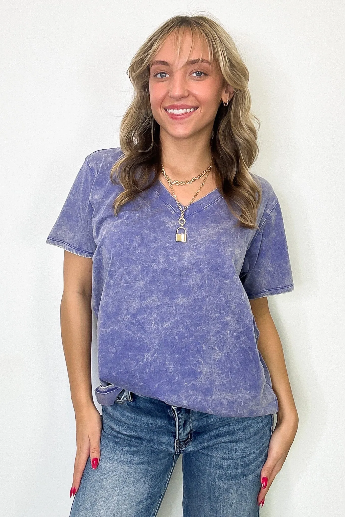 Soliel Acid Wash V-Neck Relaxed Fit Top - BACK IN STOCK