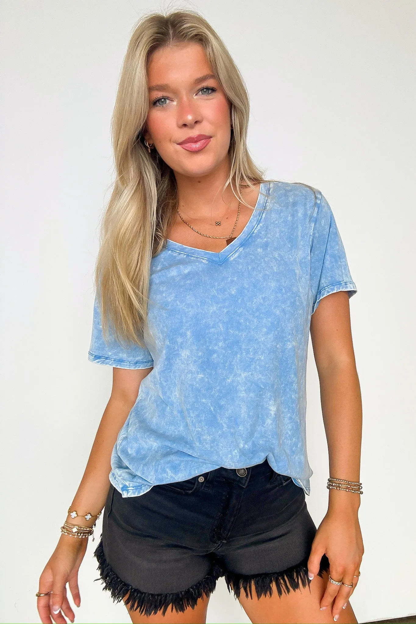 Soliel Acid Wash V-Neck Relaxed Fit Top - BACK IN STOCK