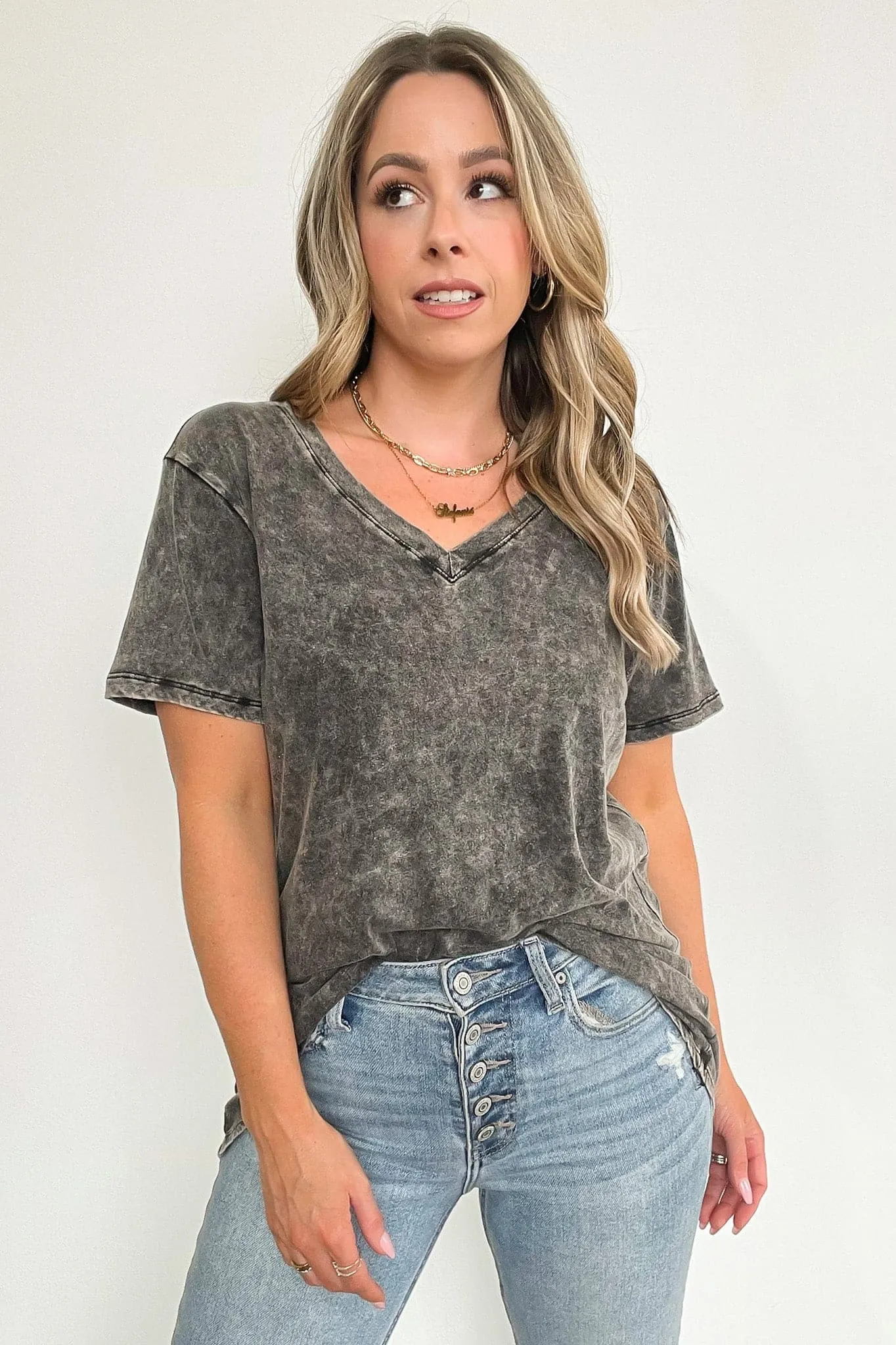 Soliel Acid Wash V-Neck Relaxed Fit Top - BACK IN STOCK
