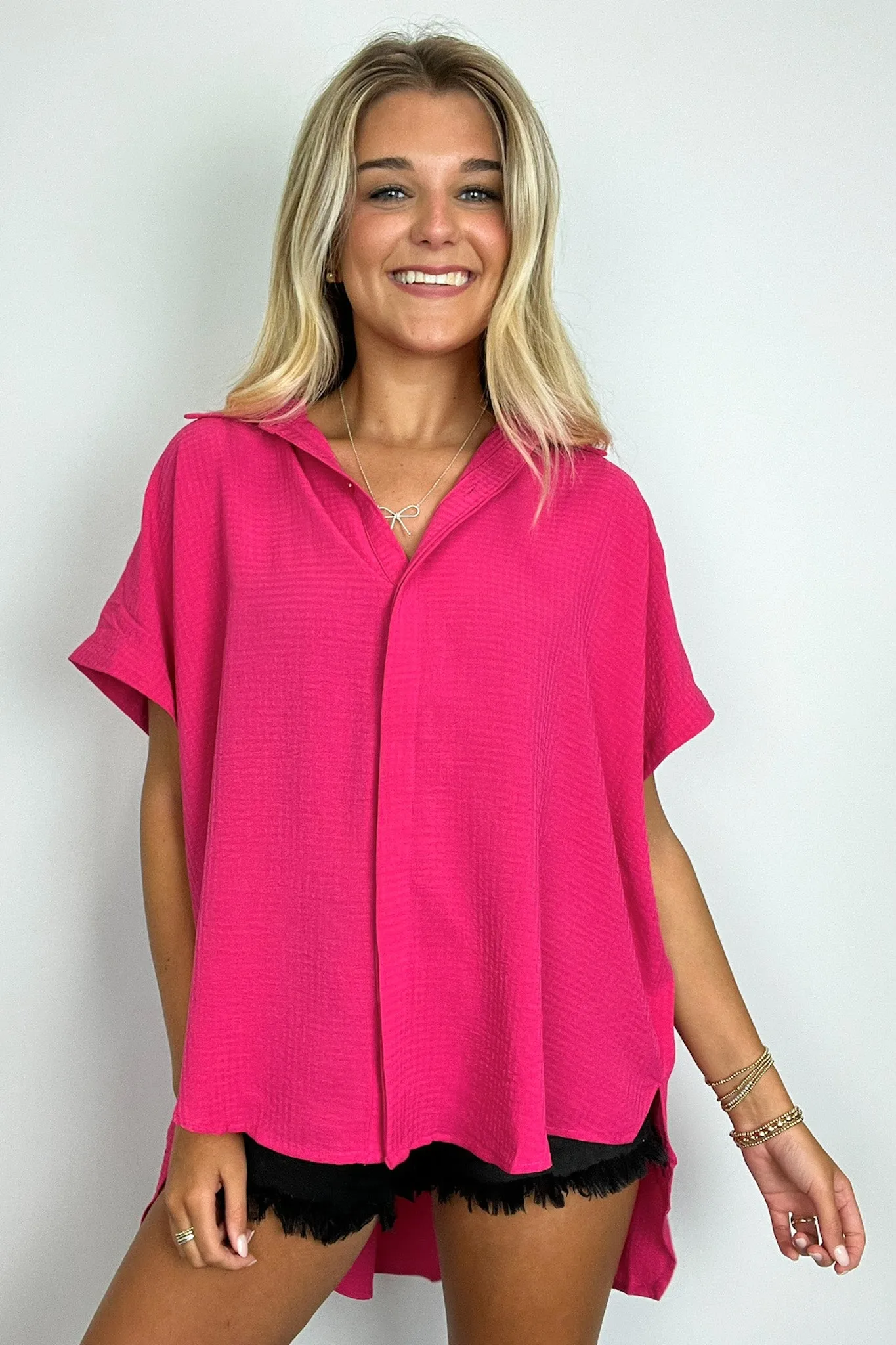 Soliene Textured Short Sleeve Button Down Top - FINAL SALE
