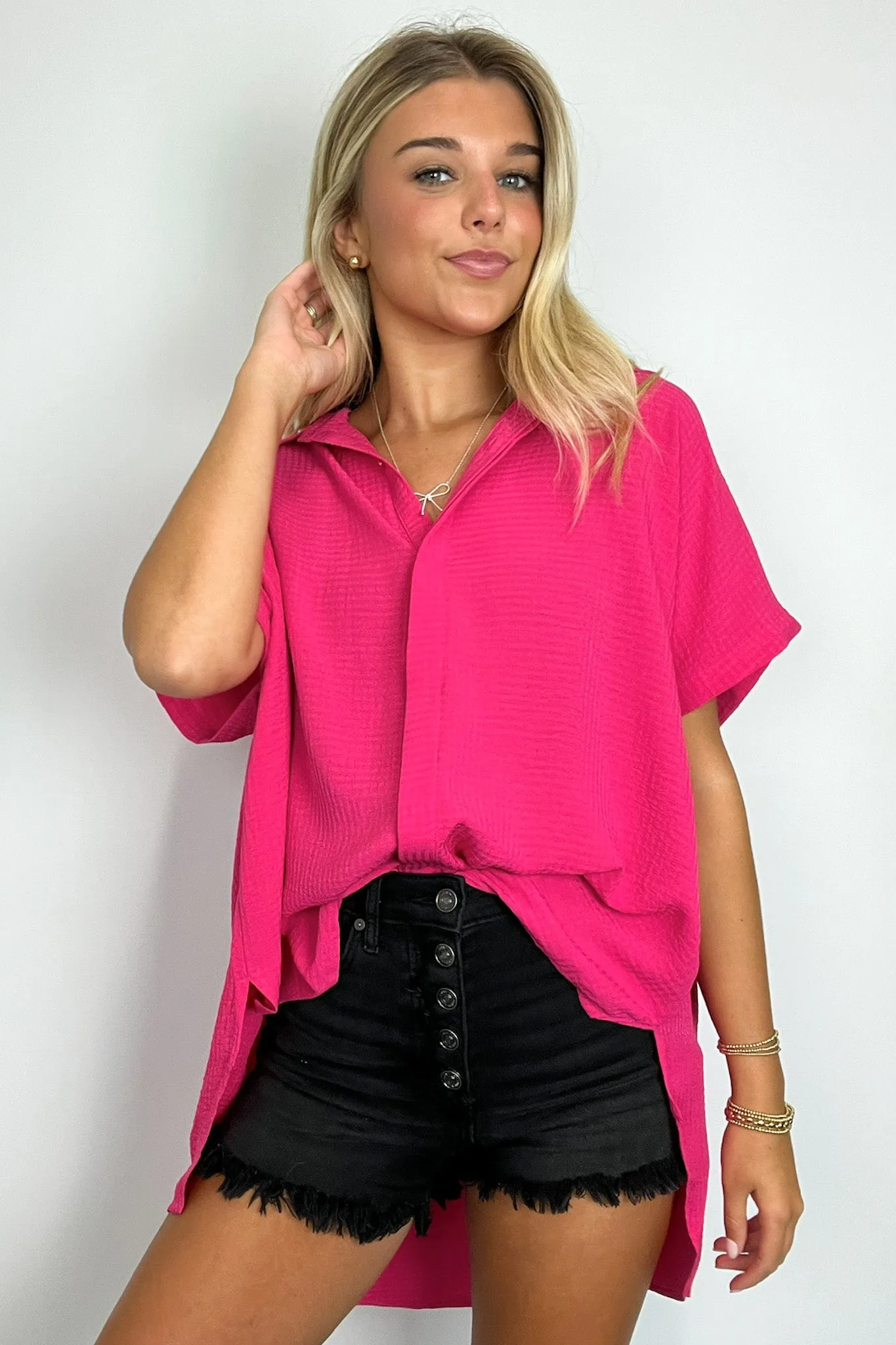 Soliene Textured Short Sleeve Button Down Top - FINAL SALE