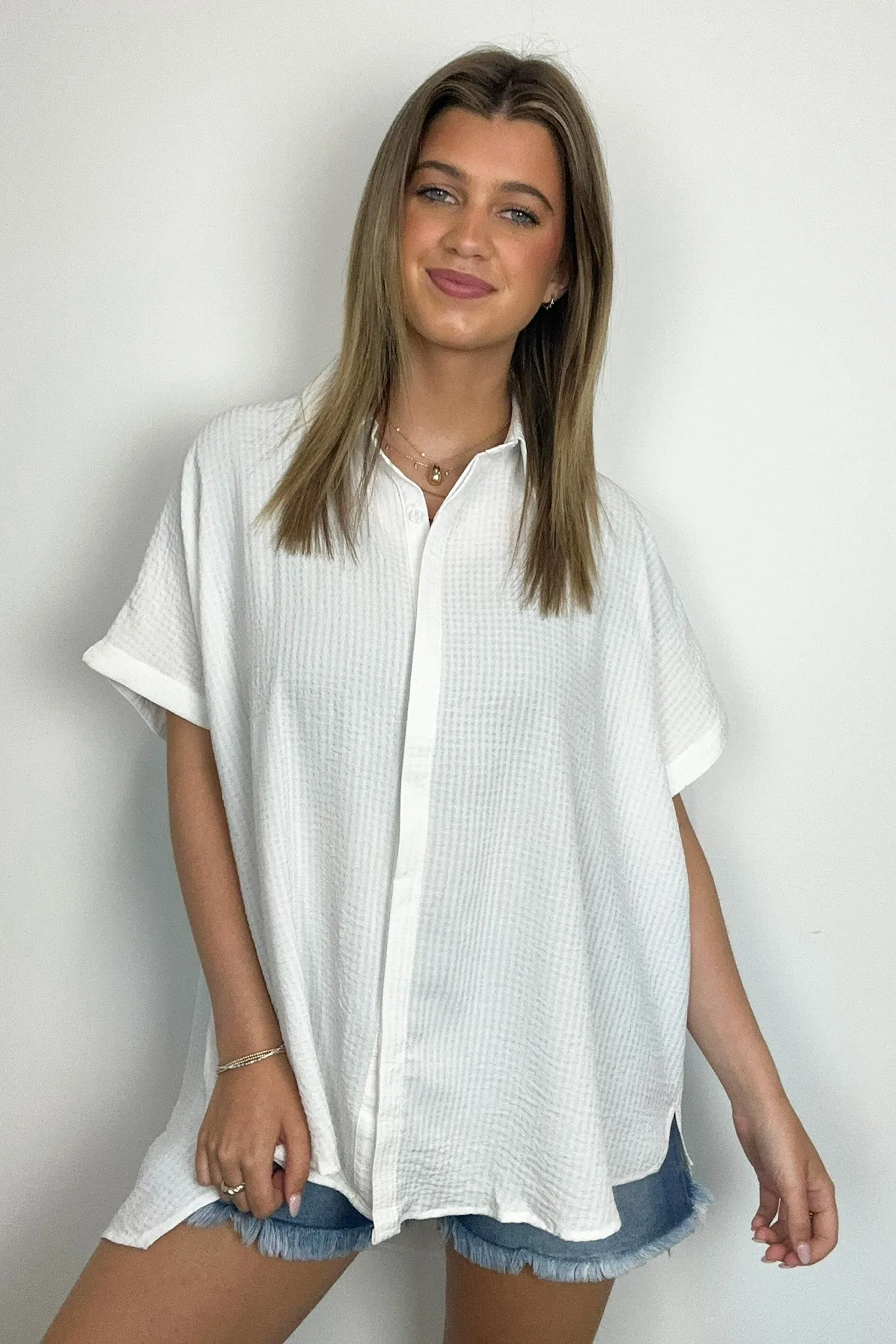 Soliene Textured Short Sleeve Button Down Top - FINAL SALE