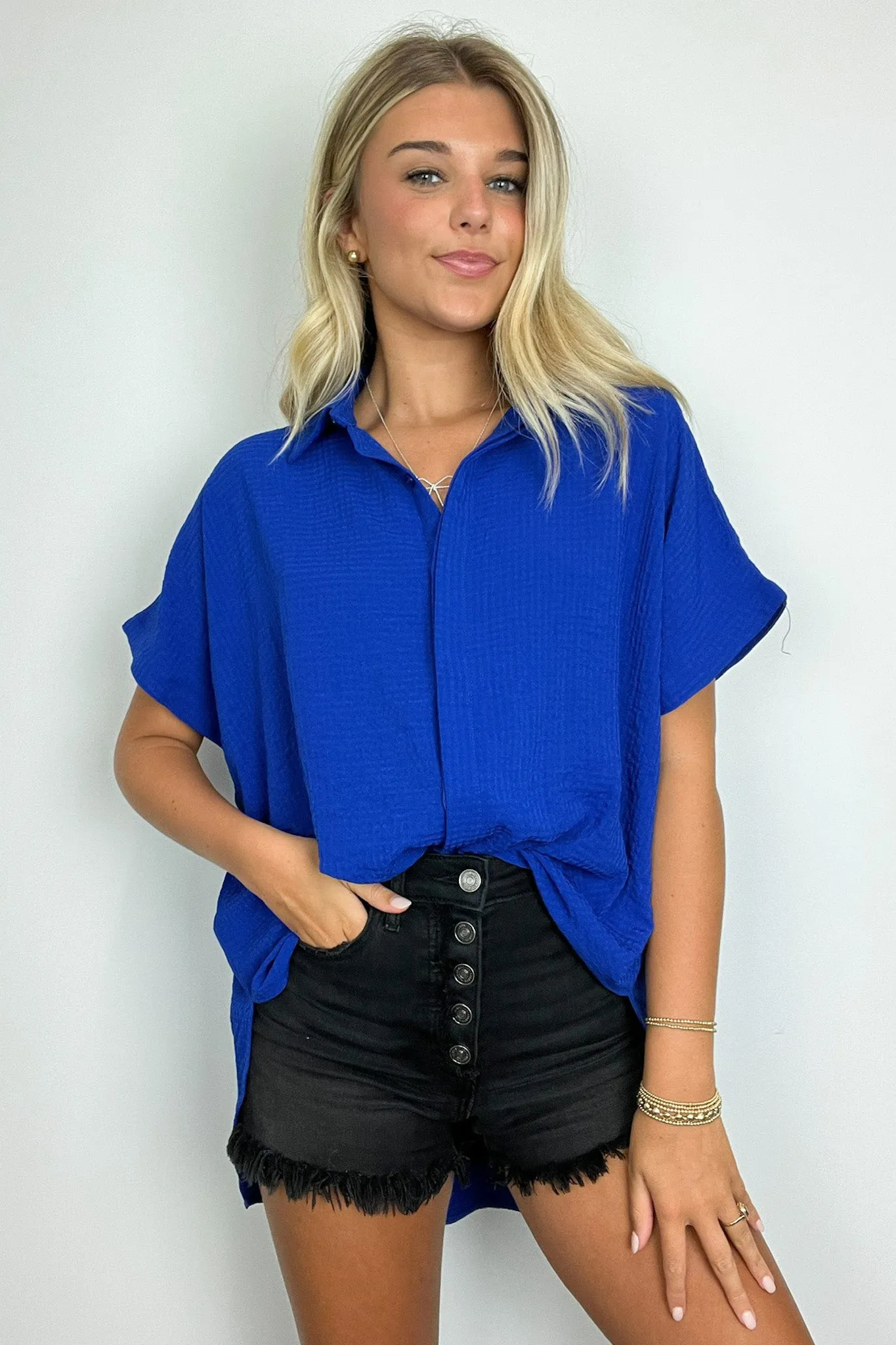 Soliene Textured Short Sleeve Button Down Top - FINAL SALE