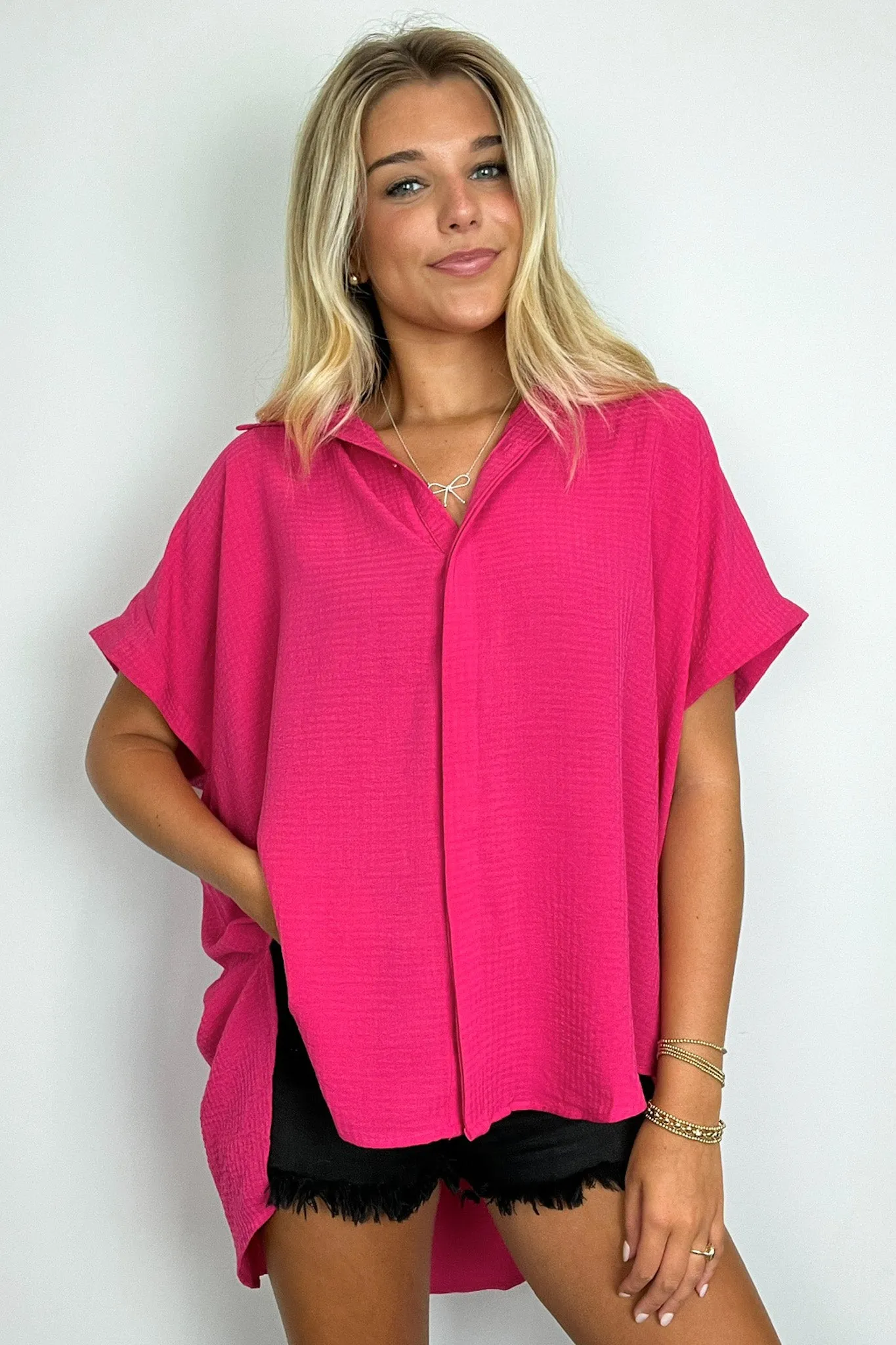 Soliene Textured Short Sleeve Button Down Top - FINAL SALE