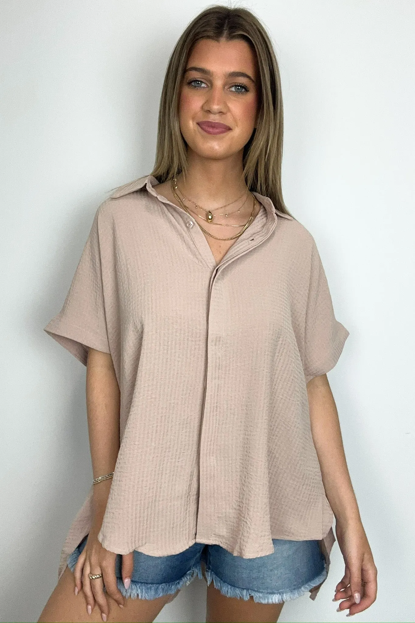 Soliene Textured Short Sleeve Button Down Top - FINAL SALE
