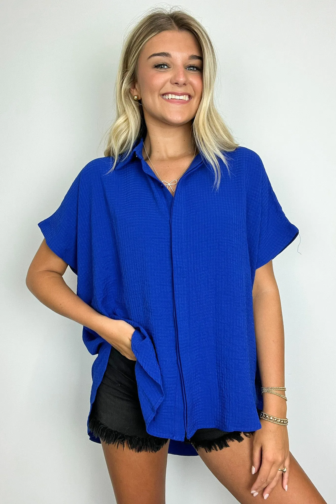 Soliene Textured Short Sleeve Button Down Top - FINAL SALE