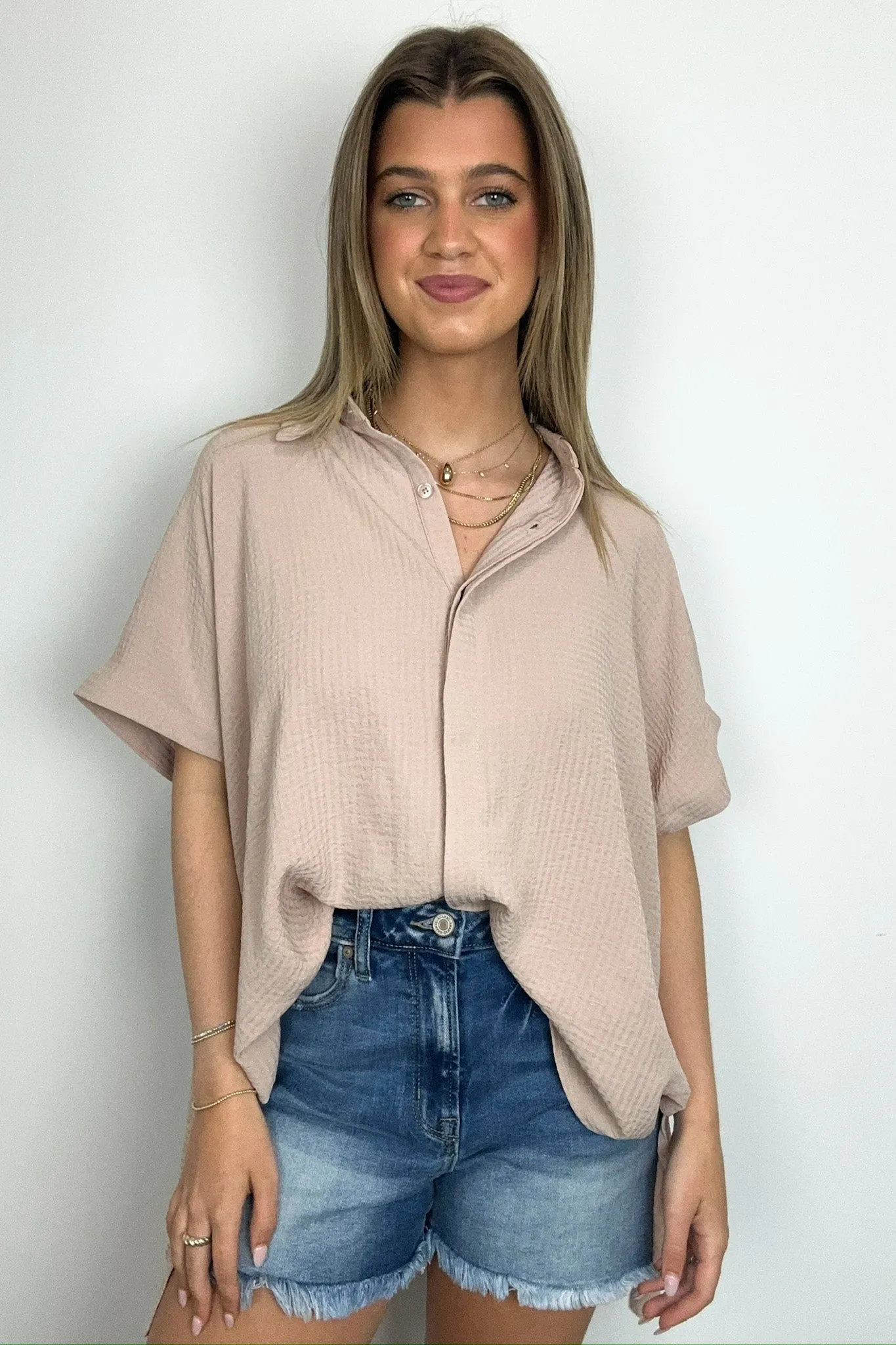 Soliene Textured Short Sleeve Button Down Top - FINAL SALE