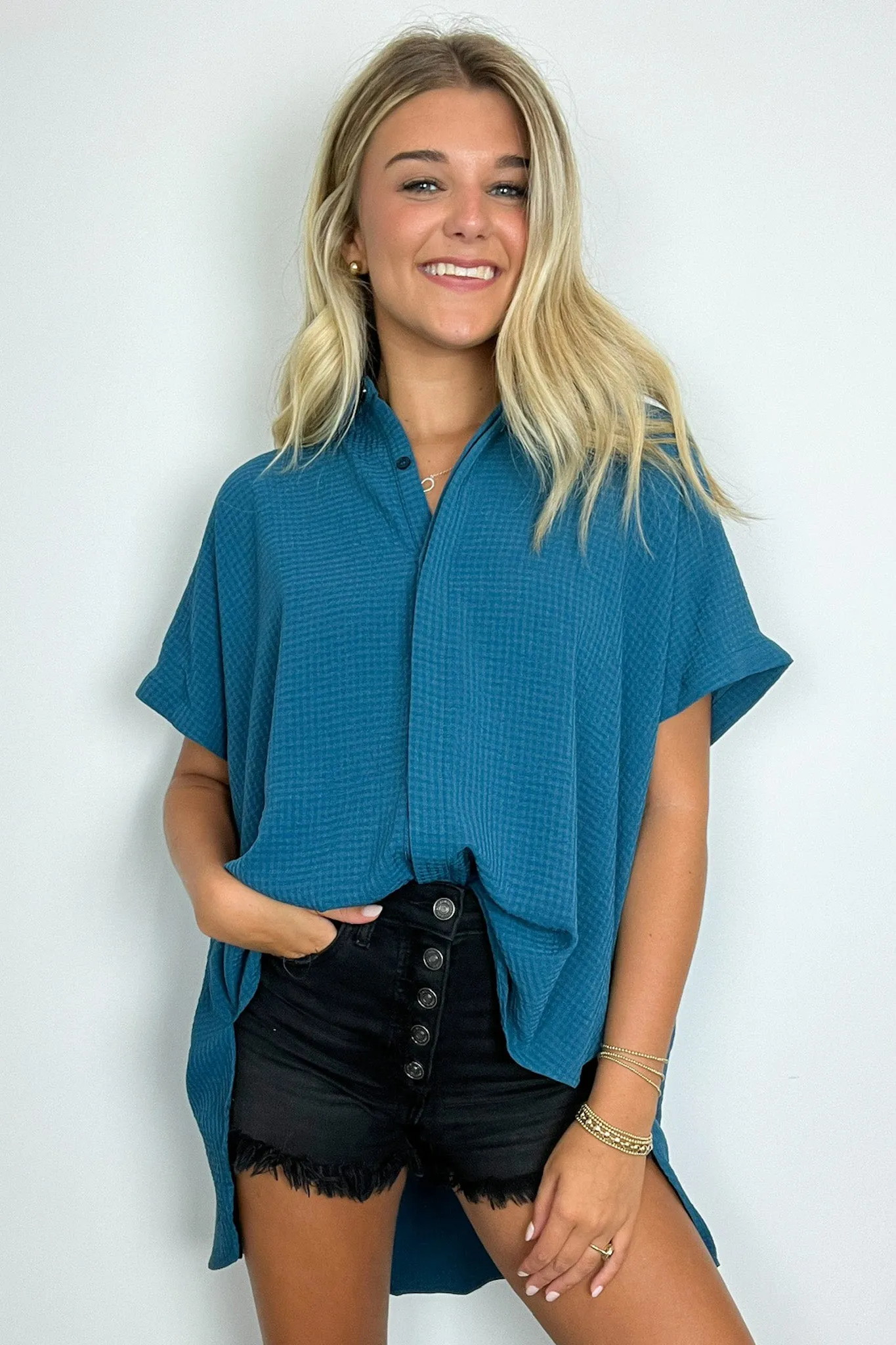 Soliene Textured Short Sleeve Button Down Top - FINAL SALE