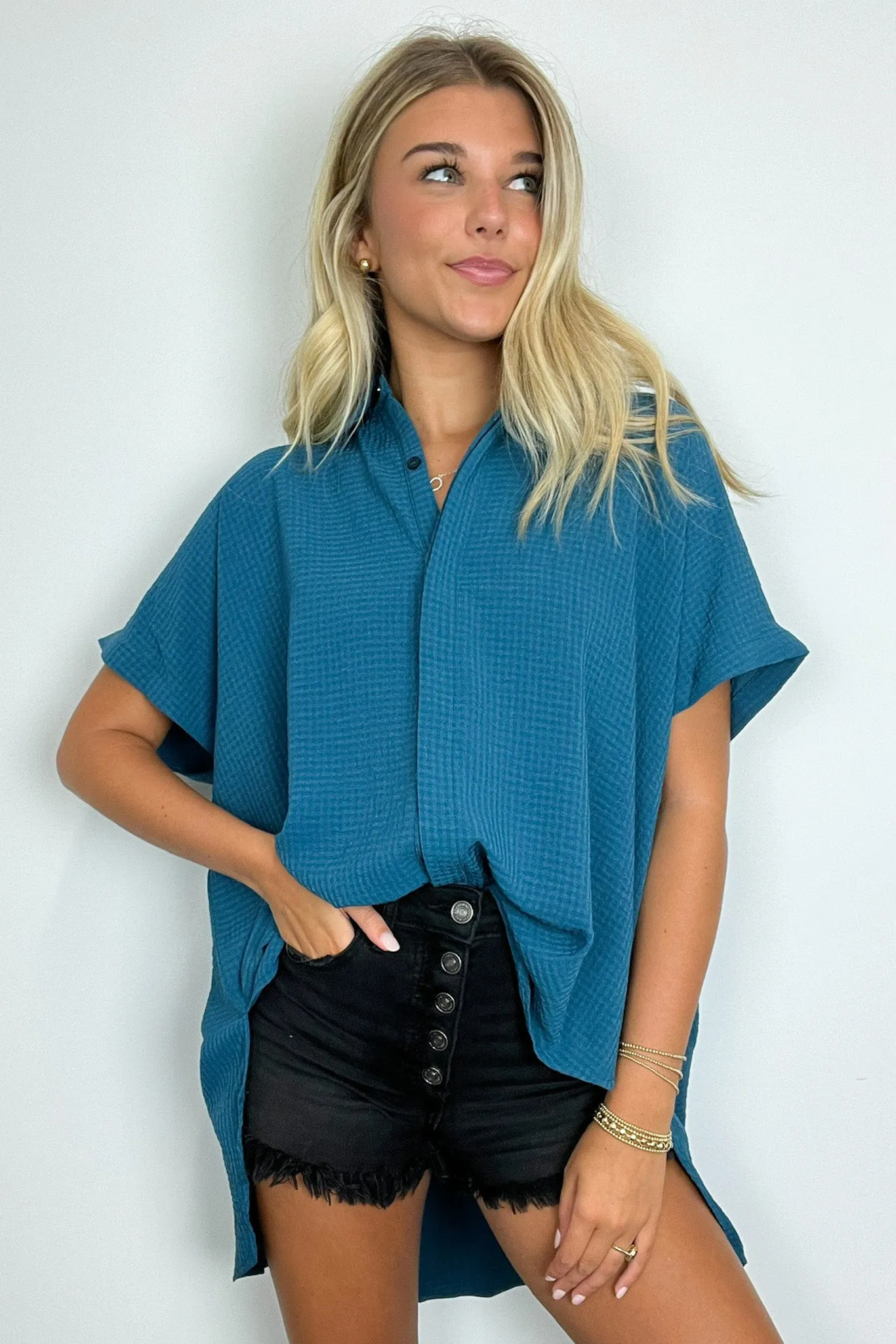 Soliene Textured Short Sleeve Button Down Top - FINAL SALE
