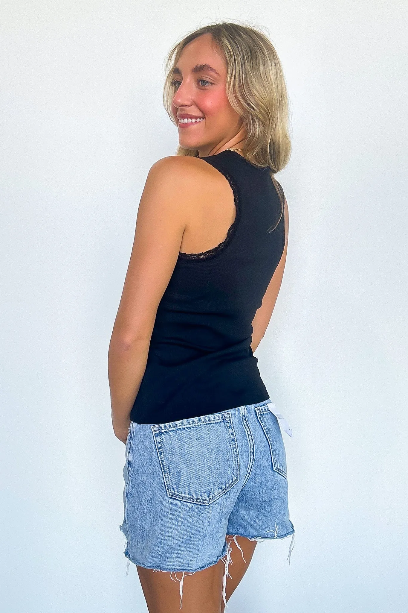 Stacee Ribbed Lace Trim Tank Top