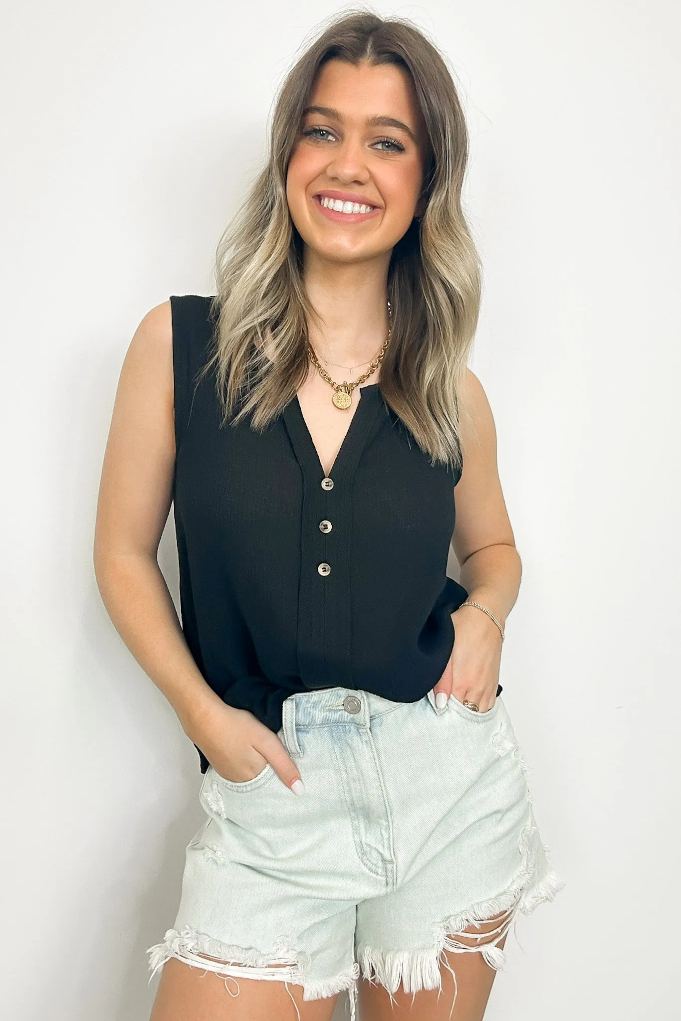 Sunny Poise Textured Button Detail Tank Top - FINAL SALE