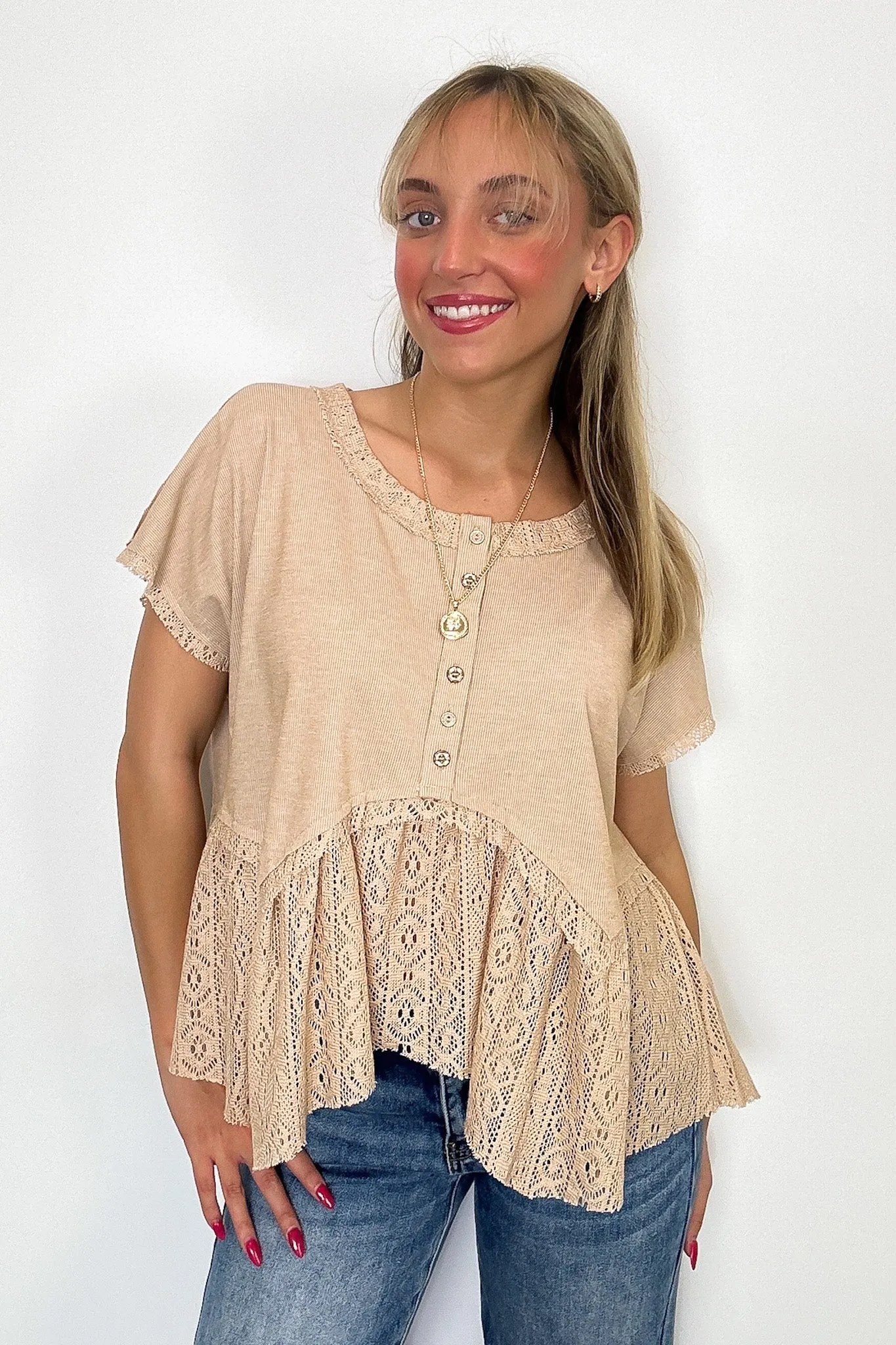 Sweet Moment Crochet Hem Peplum Button Top
