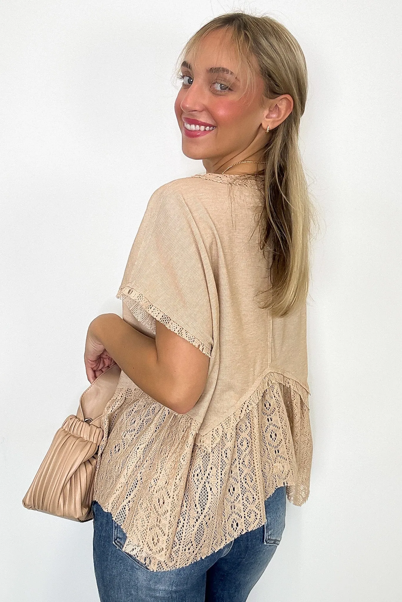 Sweet Moment Crochet Hem Peplum Button Top