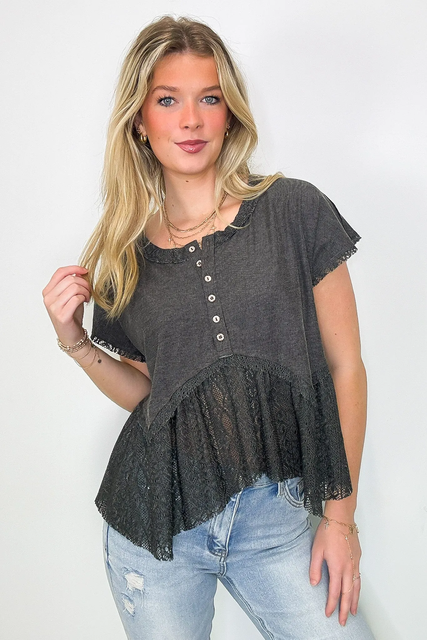 Sweet Moment Crochet Hem Peplum Button Top