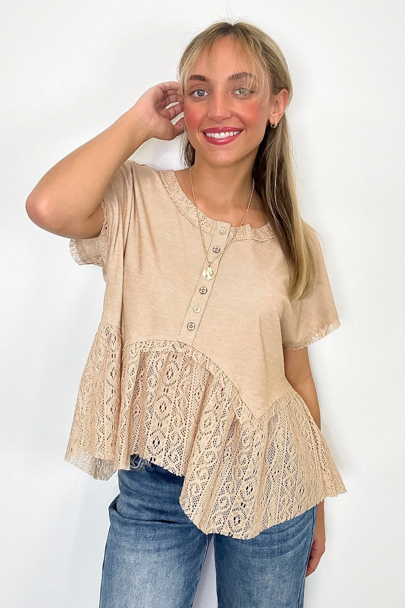 Sweet Moment Crochet Hem Peplum Button Top