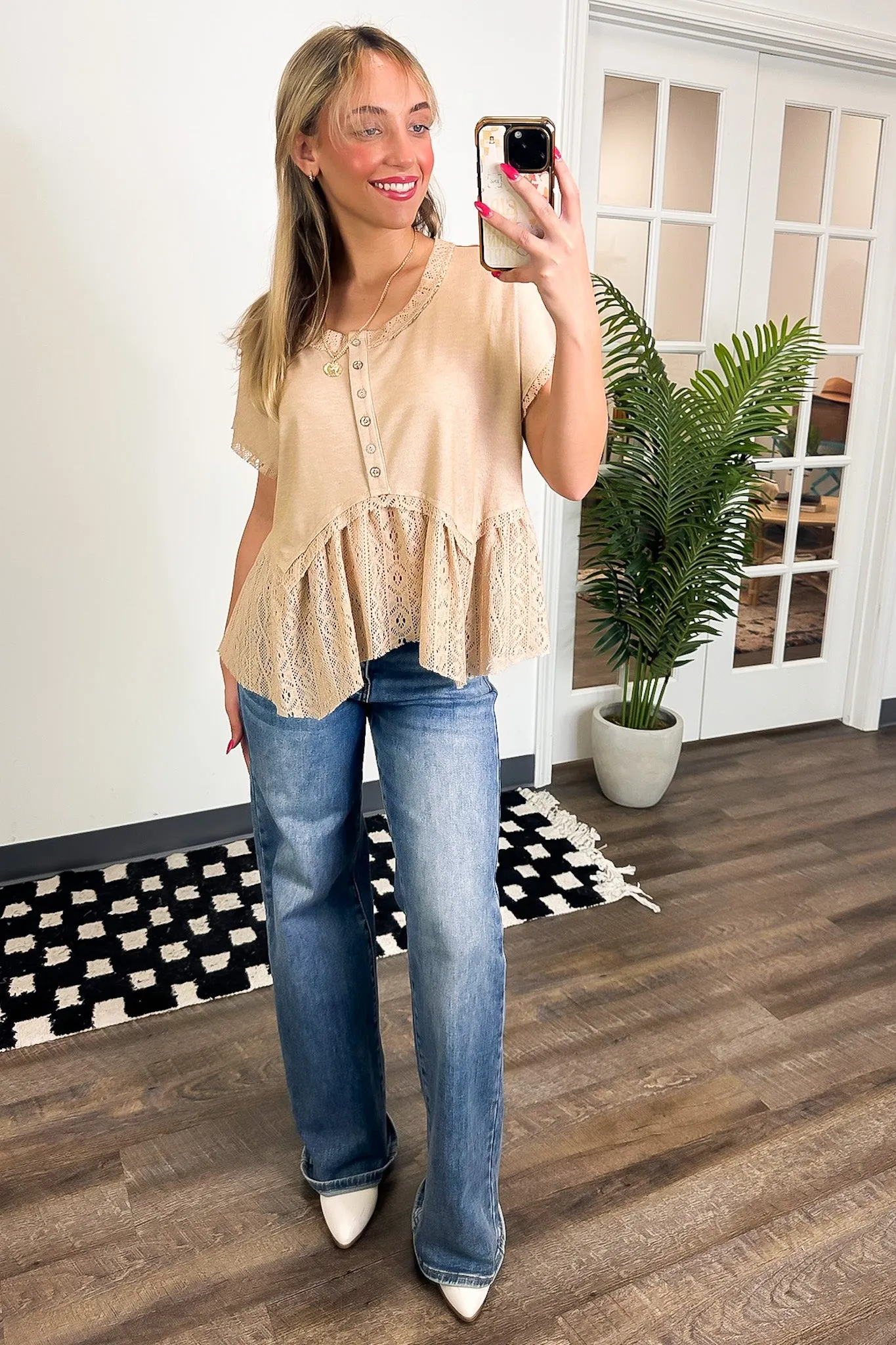 Sweet Moment Crochet Hem Peplum Button Top