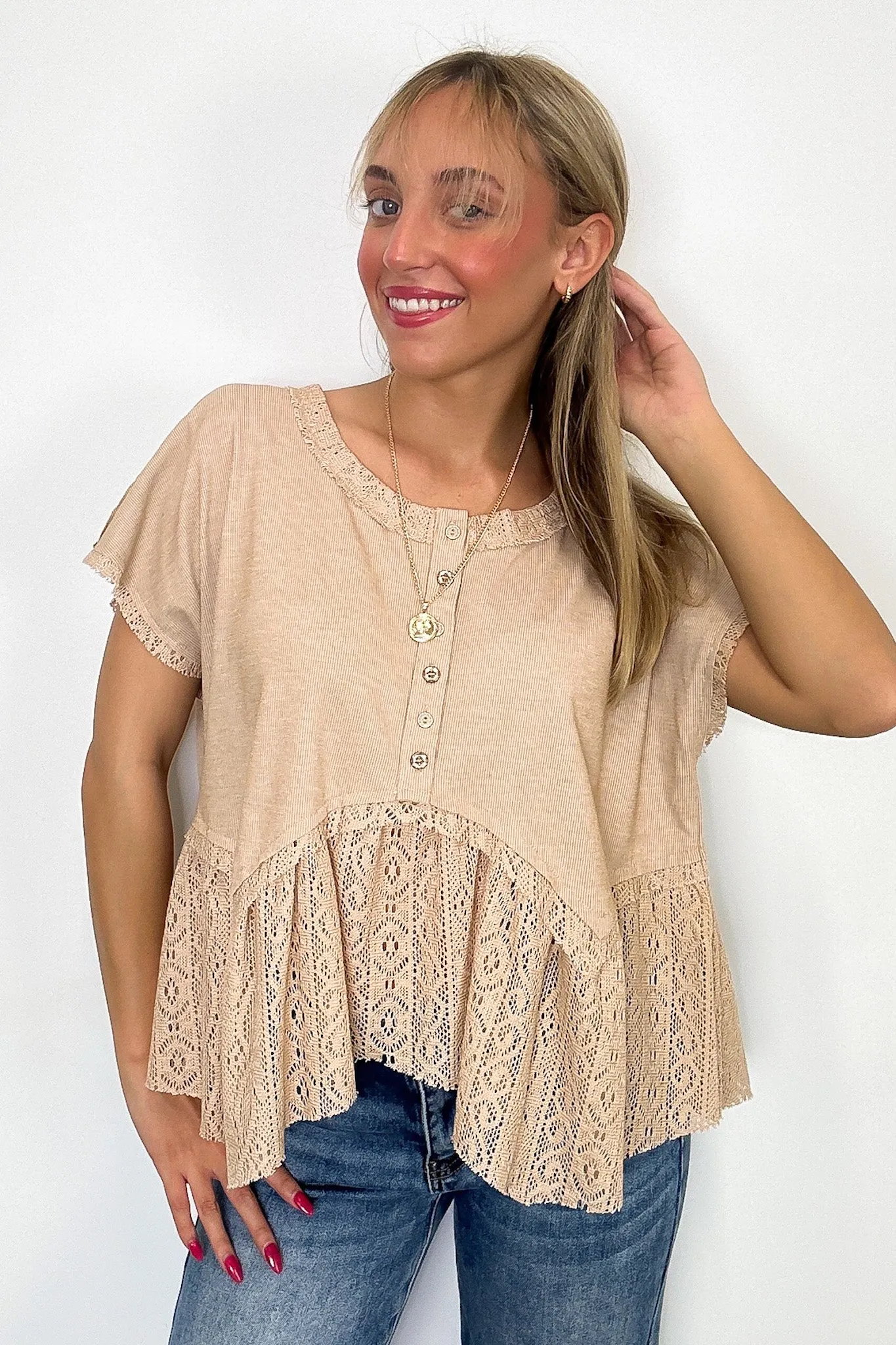 Sweet Moment Crochet Hem Peplum Button Top