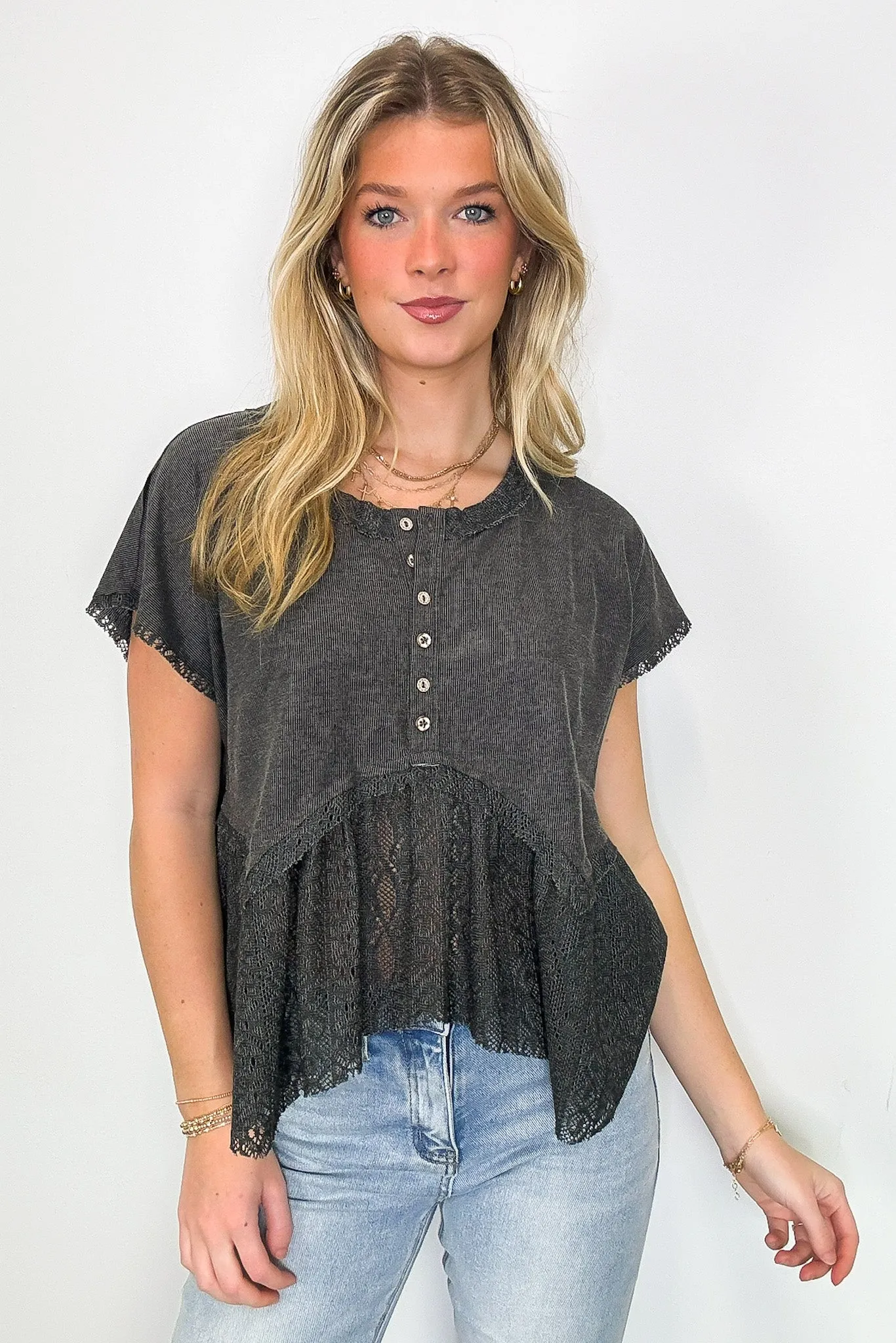 Sweet Moment Crochet Hem Peplum Button Top
