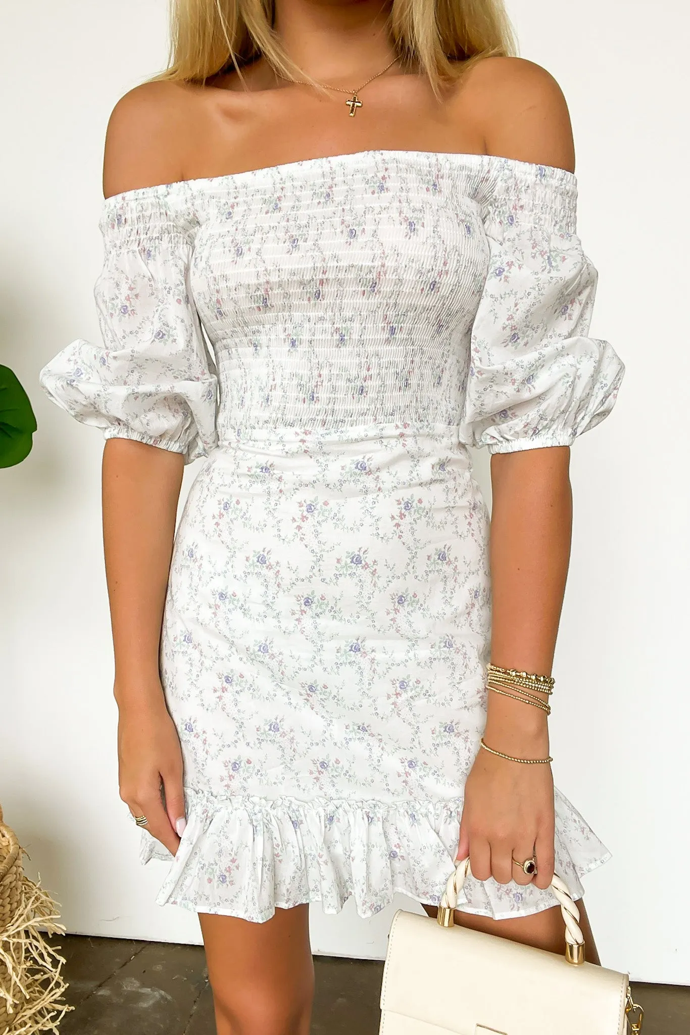 Sweetest Grace Off Shoulder Smocked Floral Dress - FINAL SALE