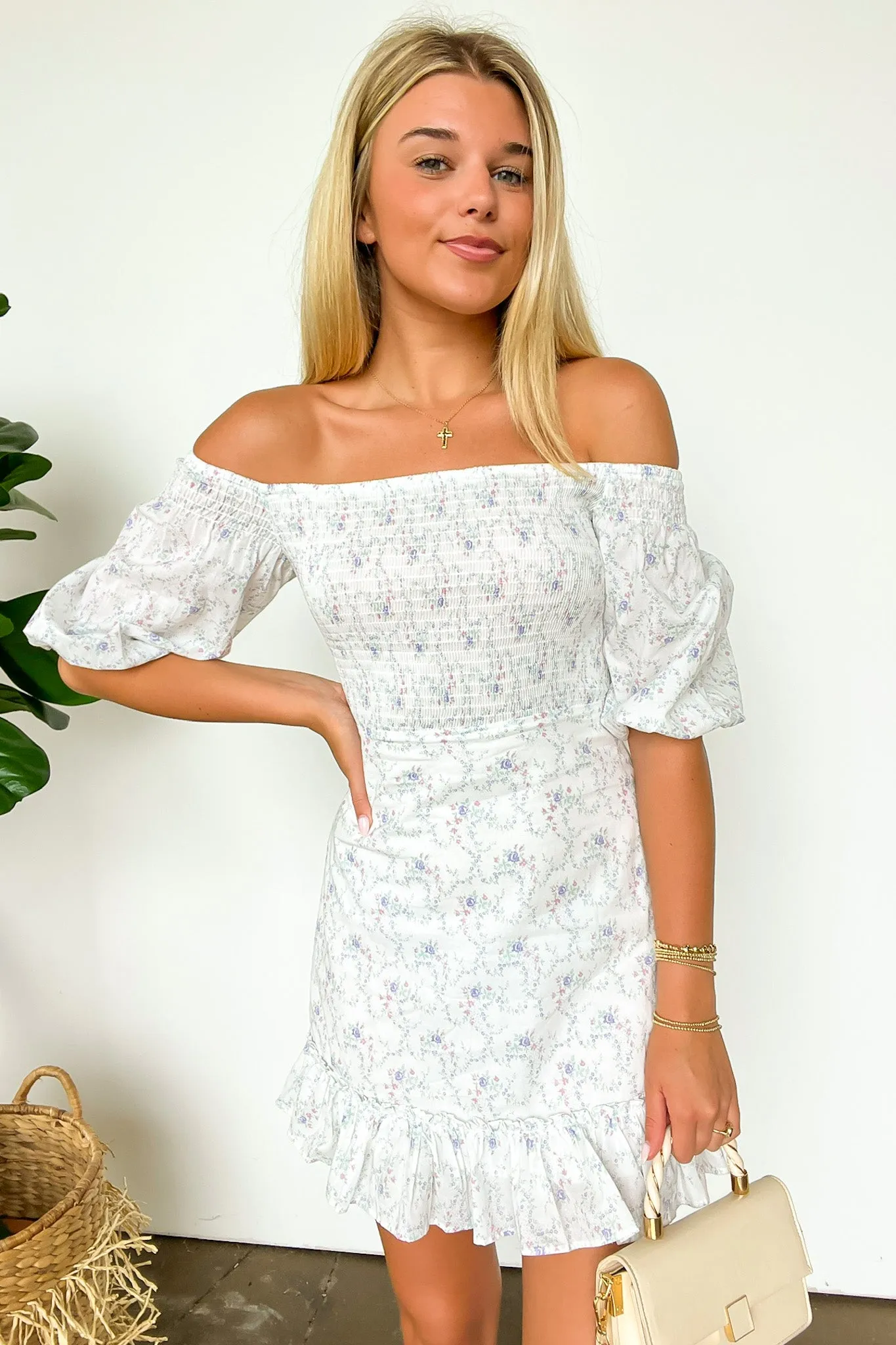 Sweetest Grace Off Shoulder Smocked Floral Dress - FINAL SALE