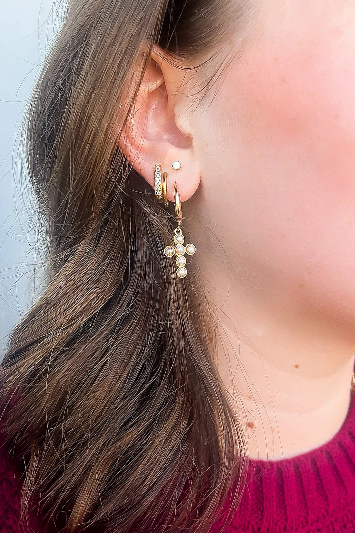 Sweetly Coy Pearl Studded Cross Hoop Earrings