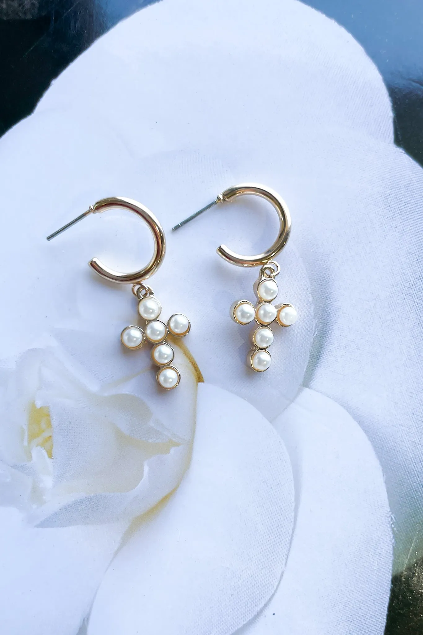 Sweetly Coy Pearl Studded Cross Hoop Earrings
