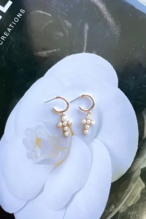 Sweetly Coy Pearl Studded Cross Hoop Earrings