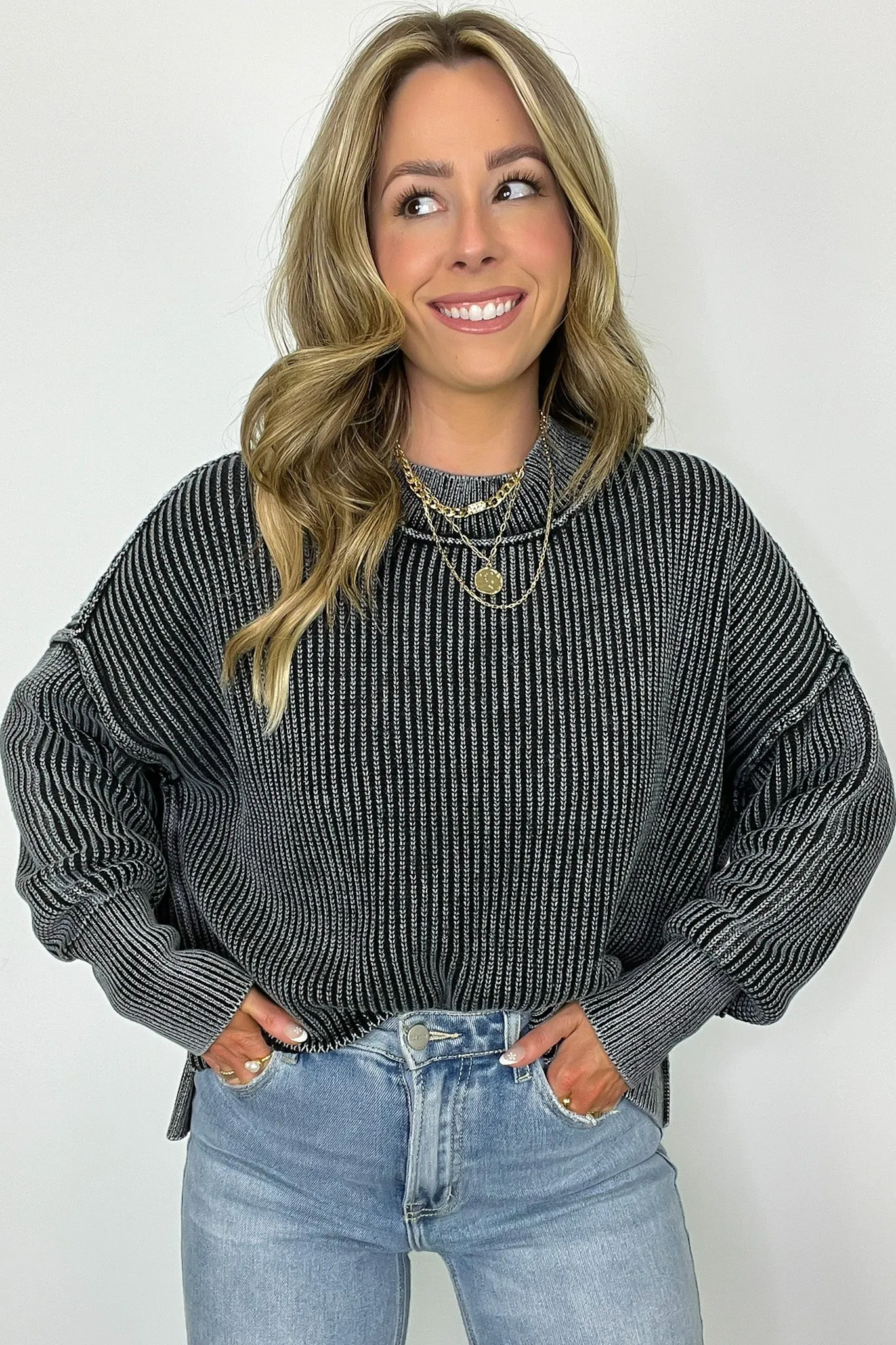 Tara Washed Side Slit Knit Sweater - BACK IN STOCK