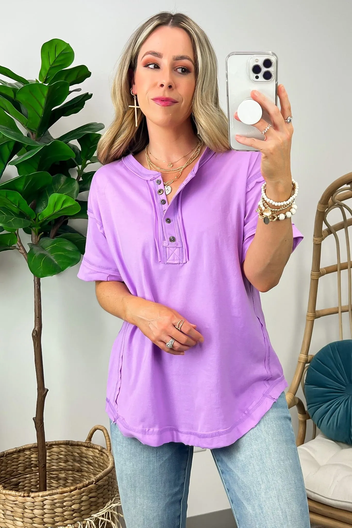 Taryyn Raw Edge Button Henley Top - BACK IN STOCK
