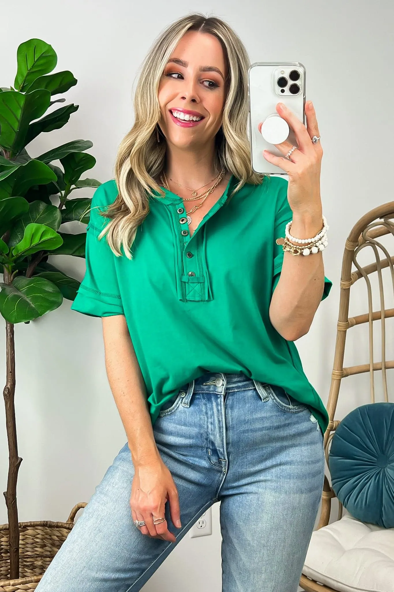 Taryyn Raw Edge Button Henley Top - BACK IN STOCK