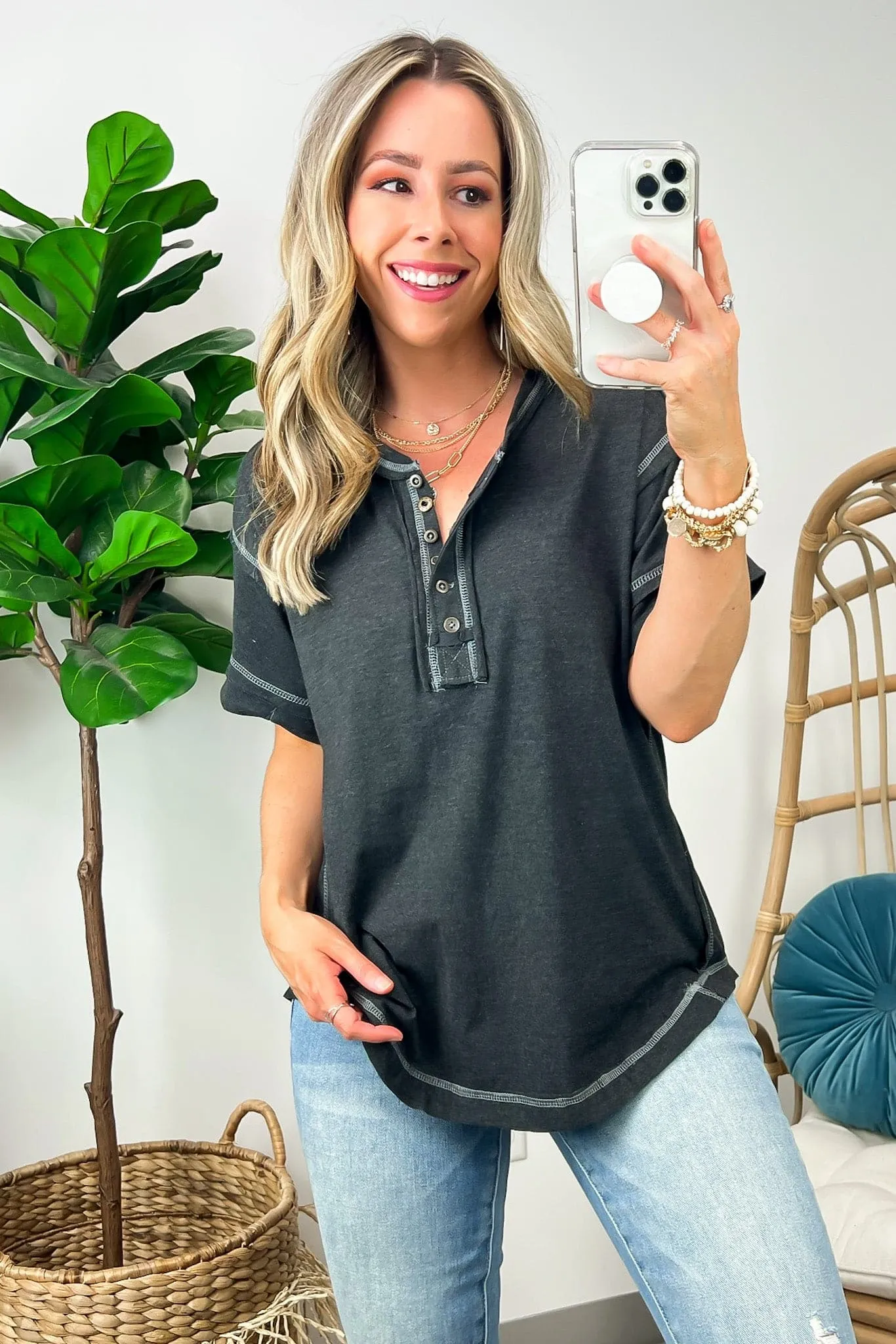 Taryyn Raw Edge Button Henley Top - BACK IN STOCK
