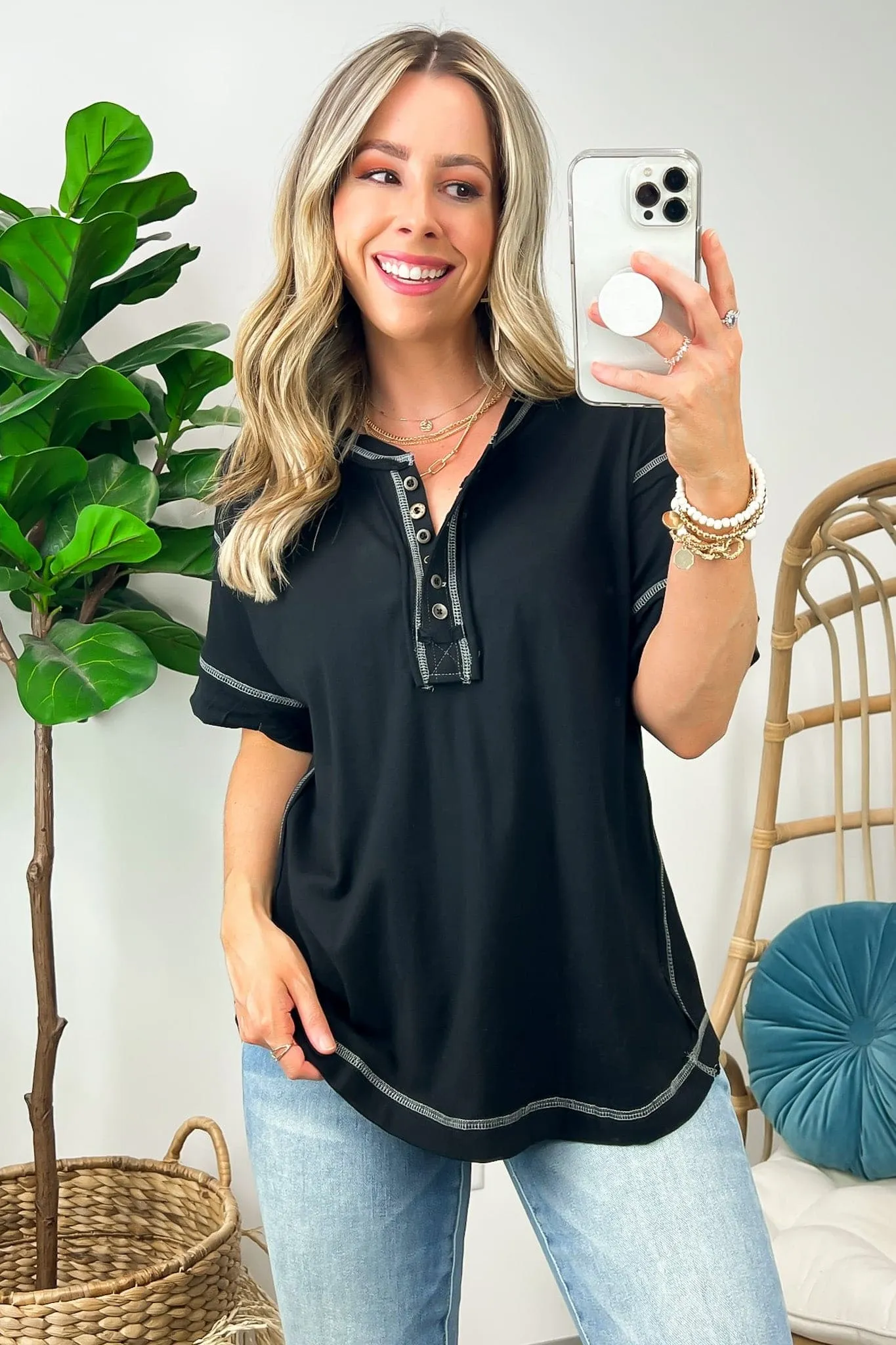 Taryyn Raw Edge Button Henley Top - BACK IN STOCK