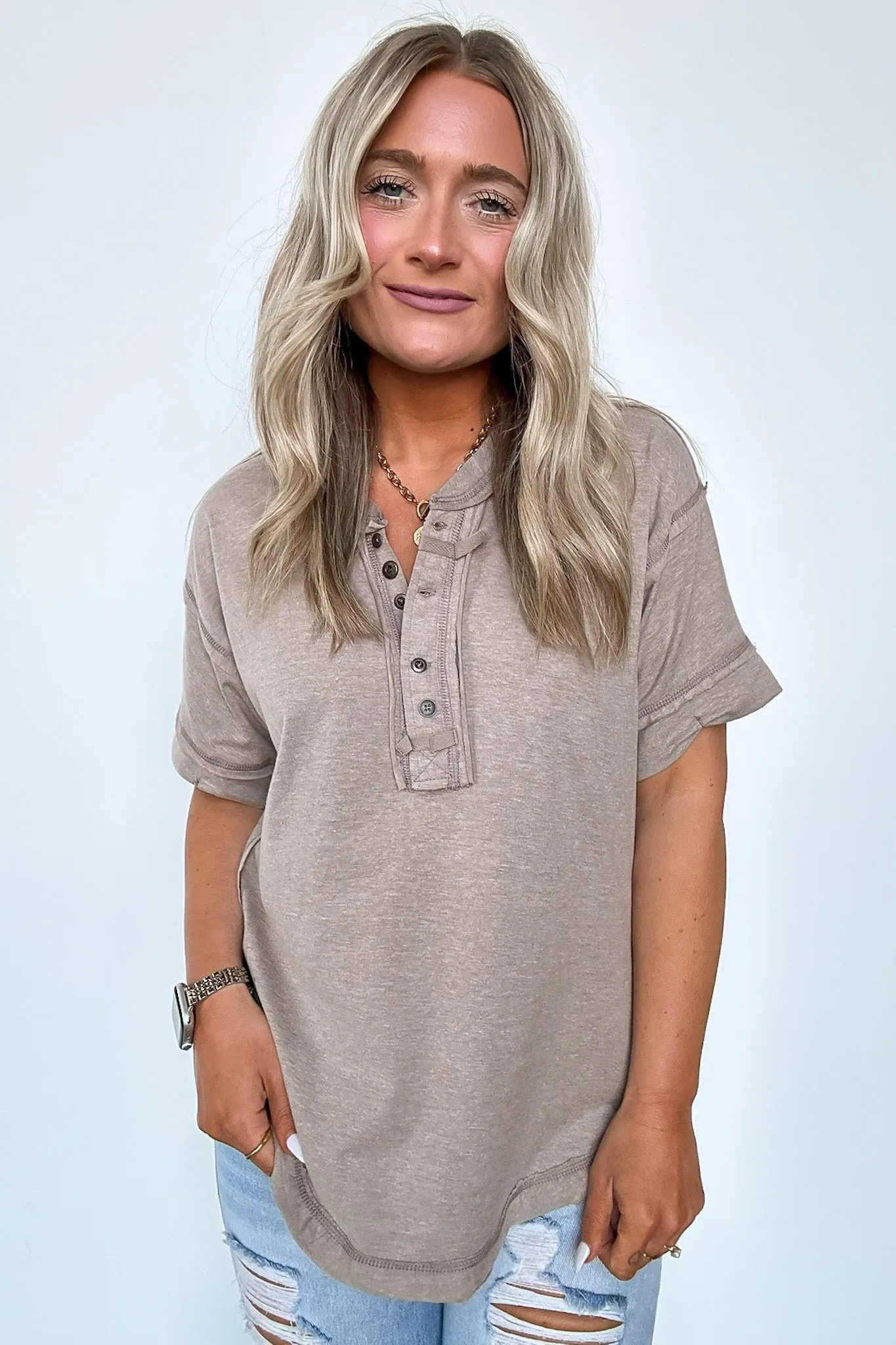 Taryyn Raw Edge Button Henley Top - BACK IN STOCK
