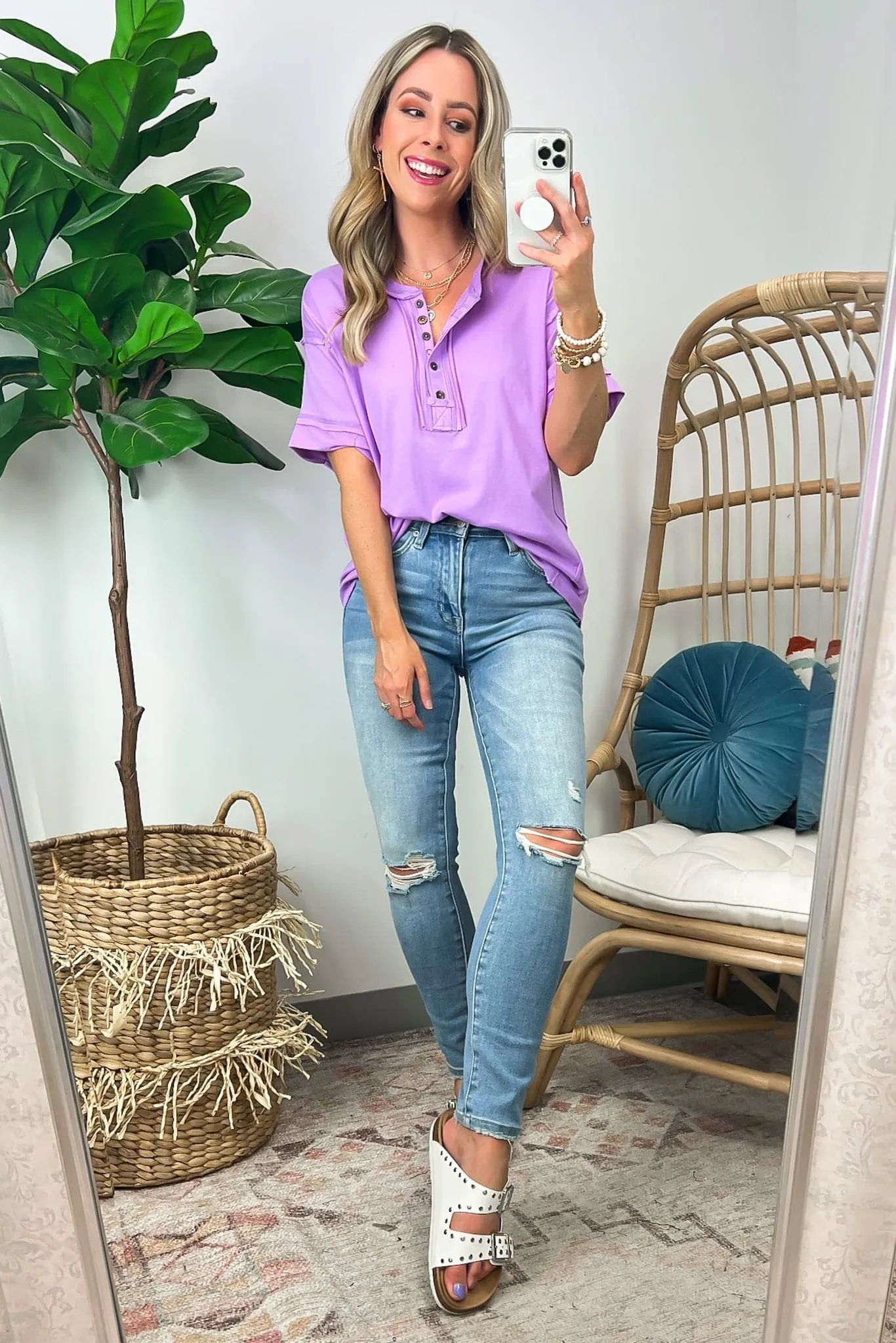 Taryyn Raw Edge Button Henley Top - BACK IN STOCK