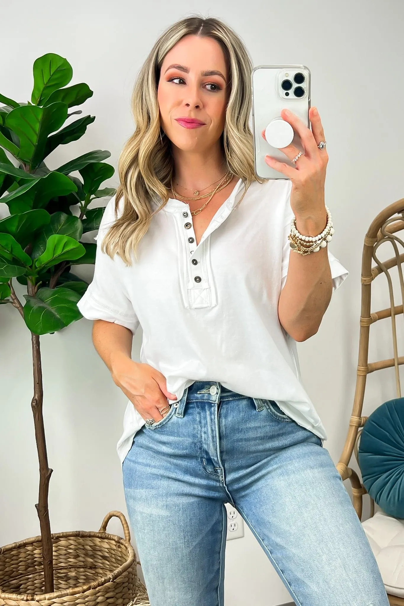 Taryyn Raw Edge Button Henley Top - BACK IN STOCK