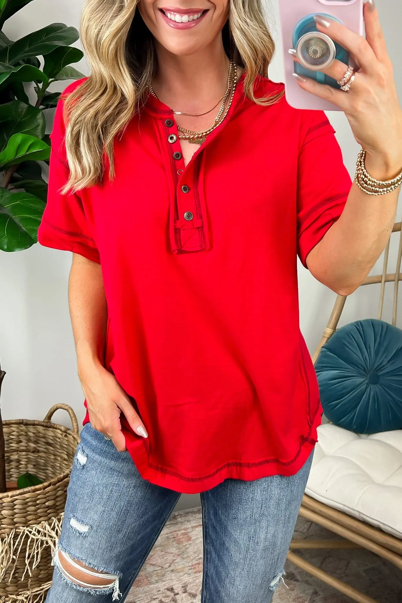 Taryyn Raw Edge Button Henley Top - BACK IN STOCK