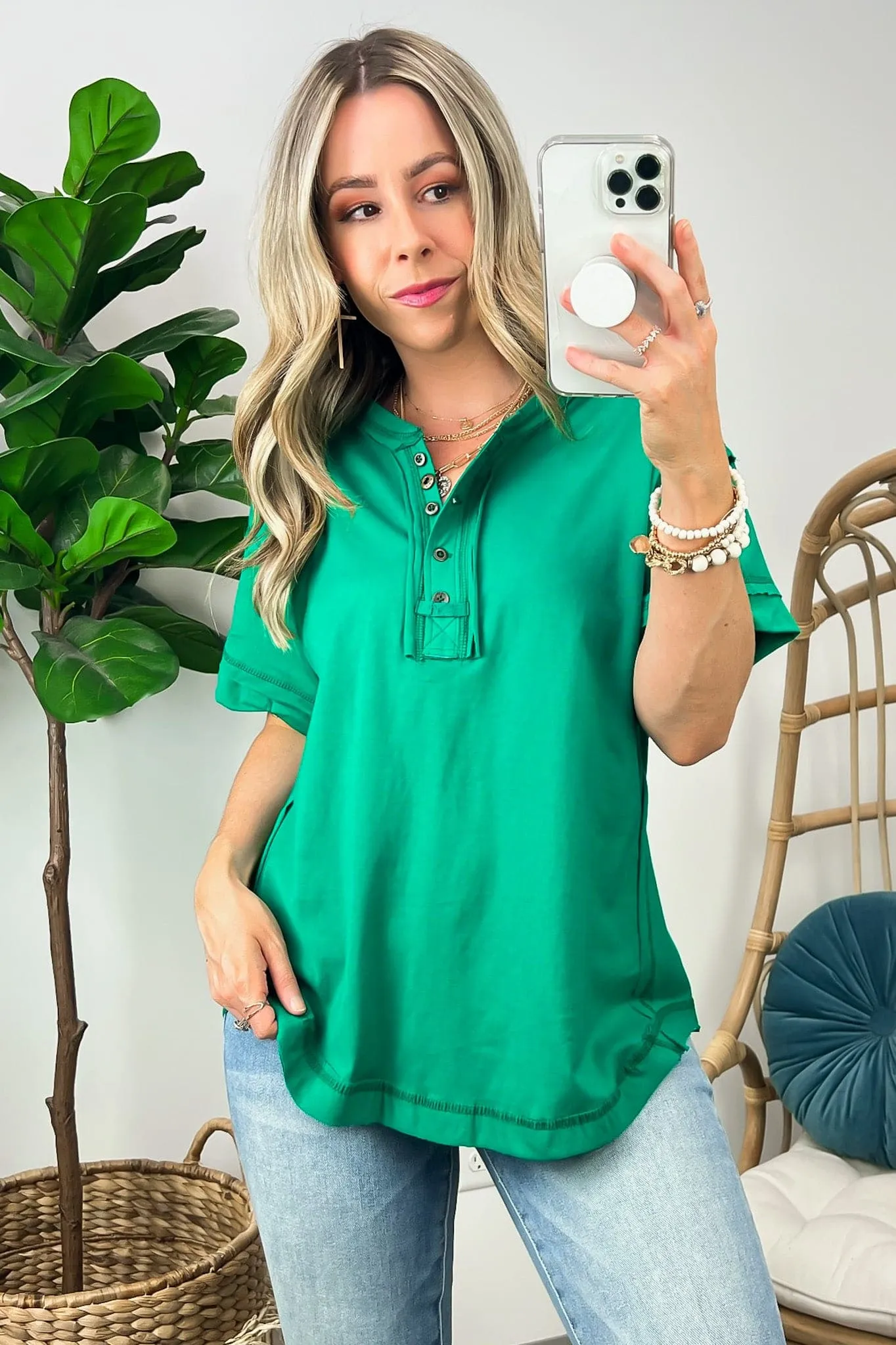 Taryyn Raw Edge Button Henley Top - BACK IN STOCK