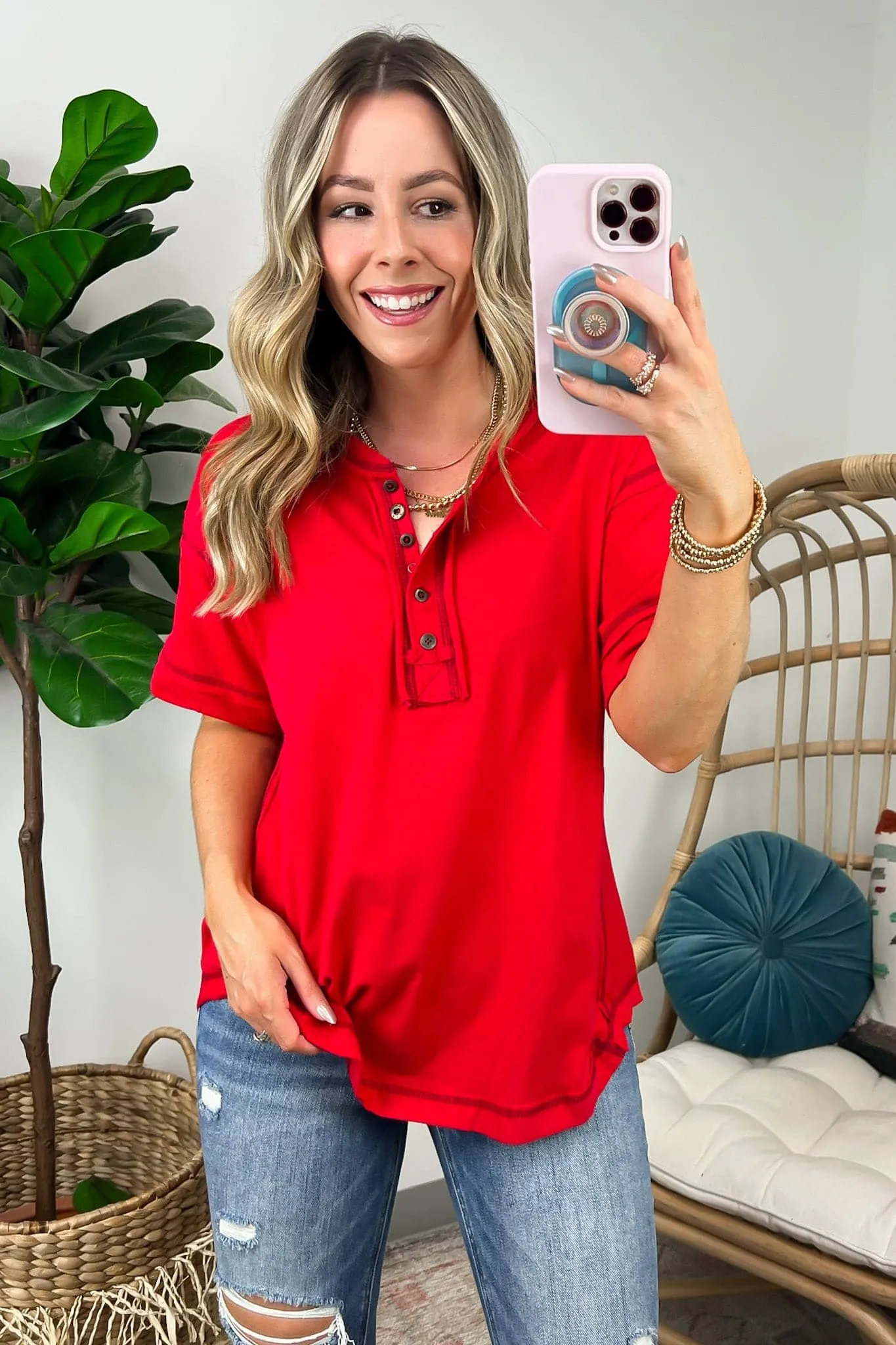 Taryyn Raw Edge Button Henley Top - BACK IN STOCK