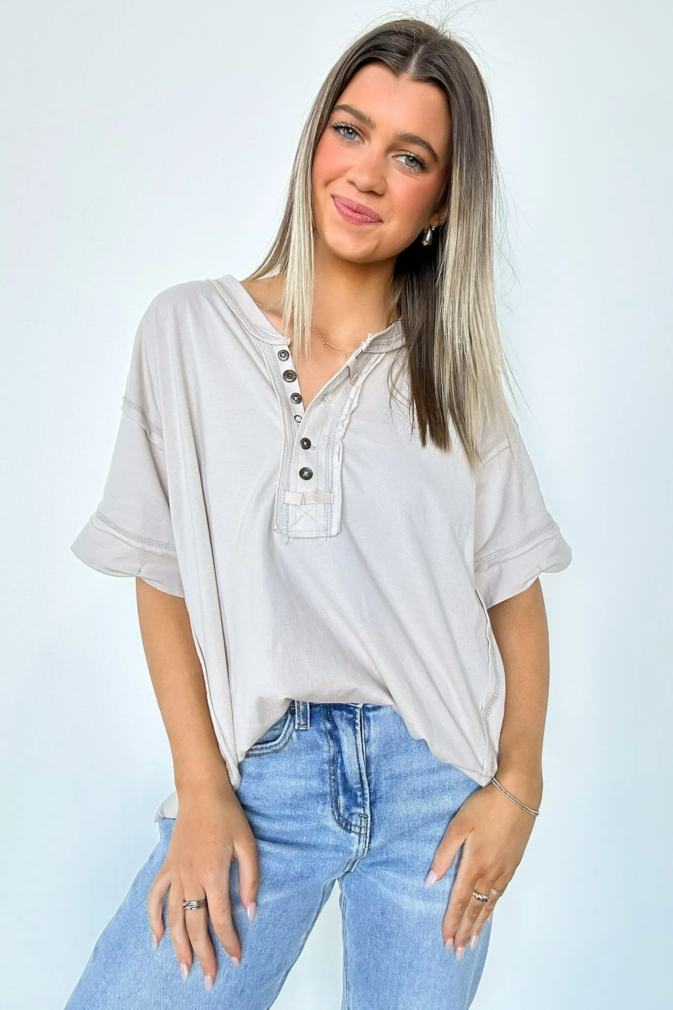 Taryyn Raw Edge Button Henley Top - BACK IN STOCK