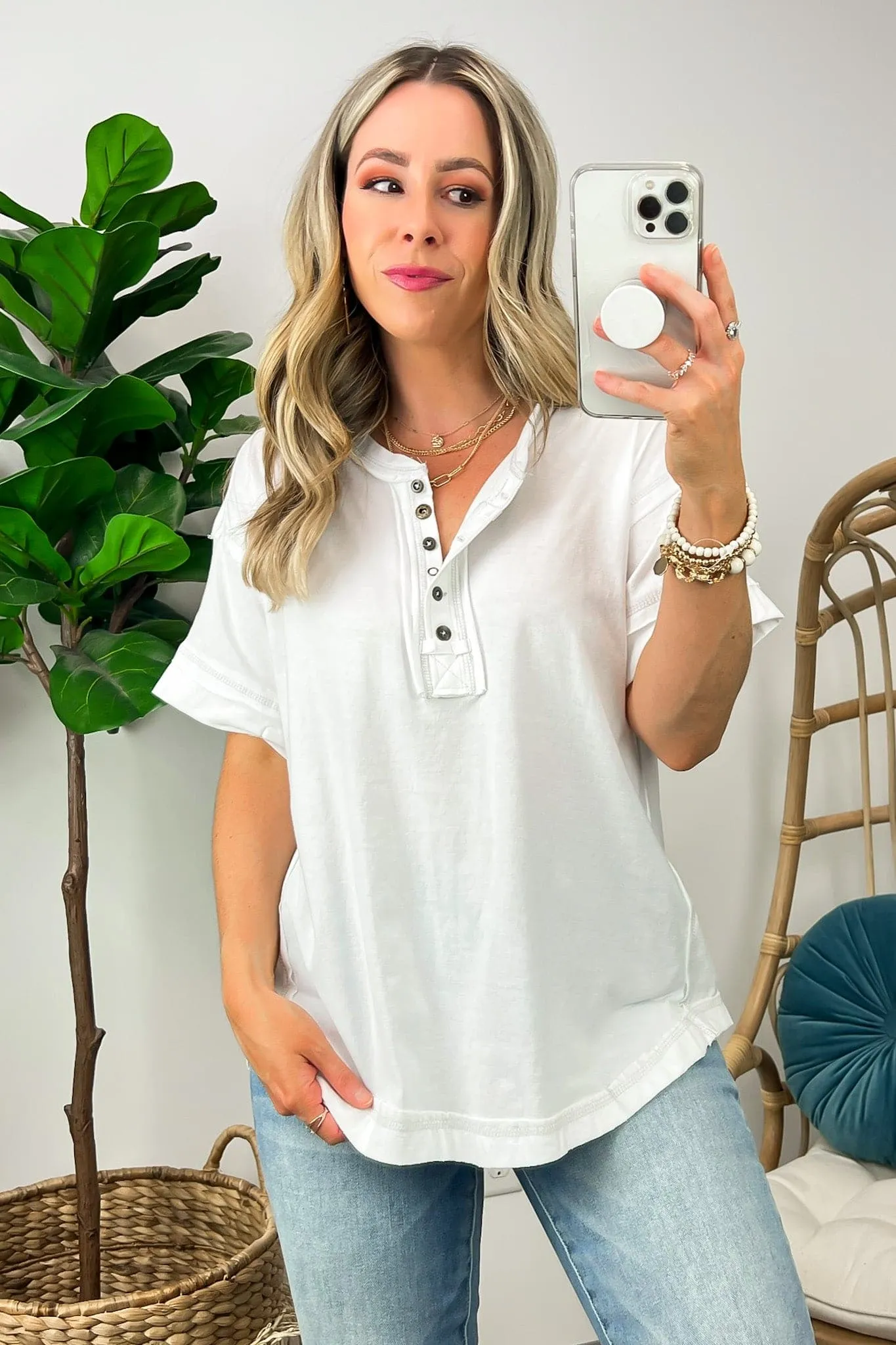 Taryyn Raw Edge Button Henley Top - BACK IN STOCK